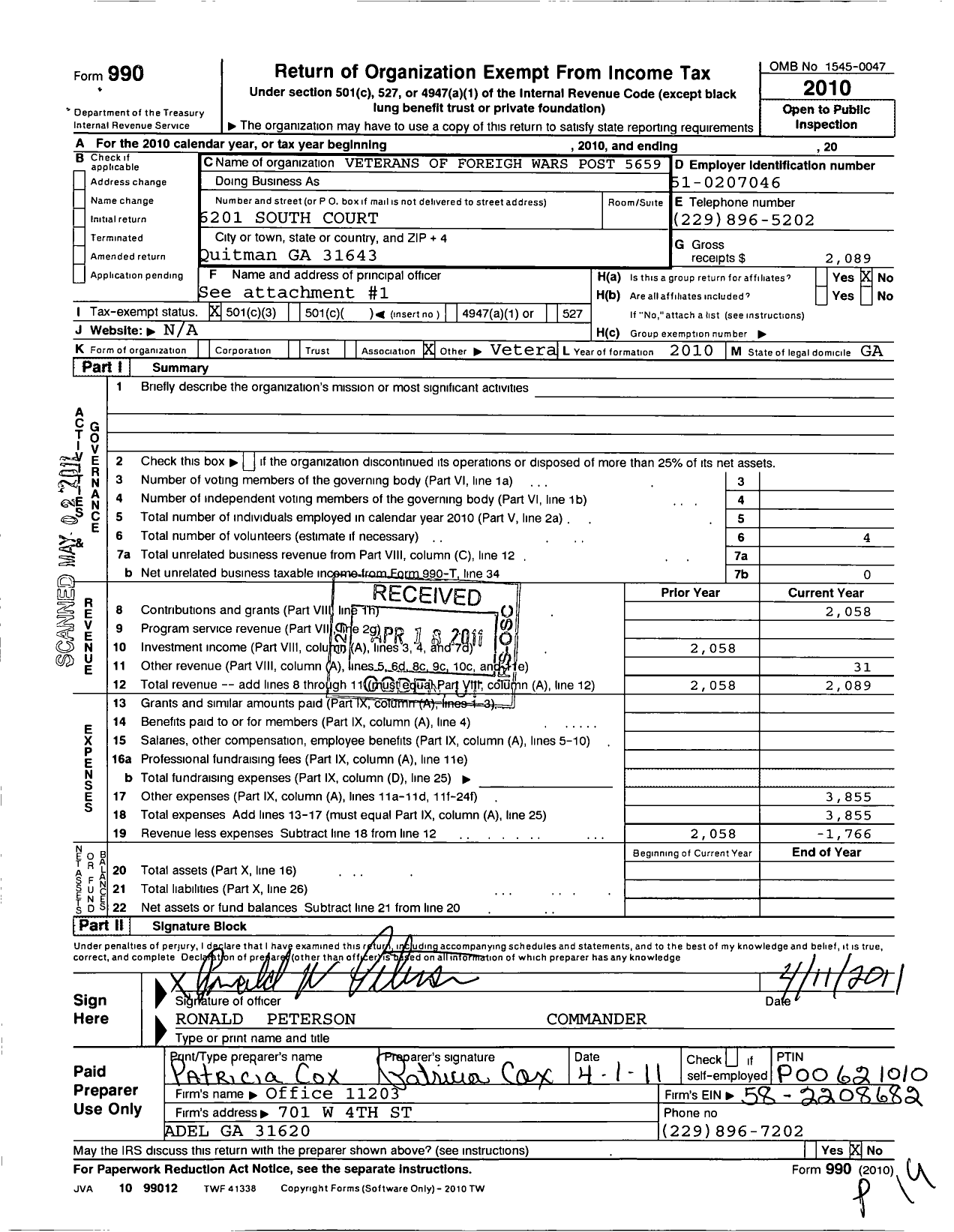 Image of first page of 2010 Form 990 for Post 5659 of the Veterans of Foreign Wars