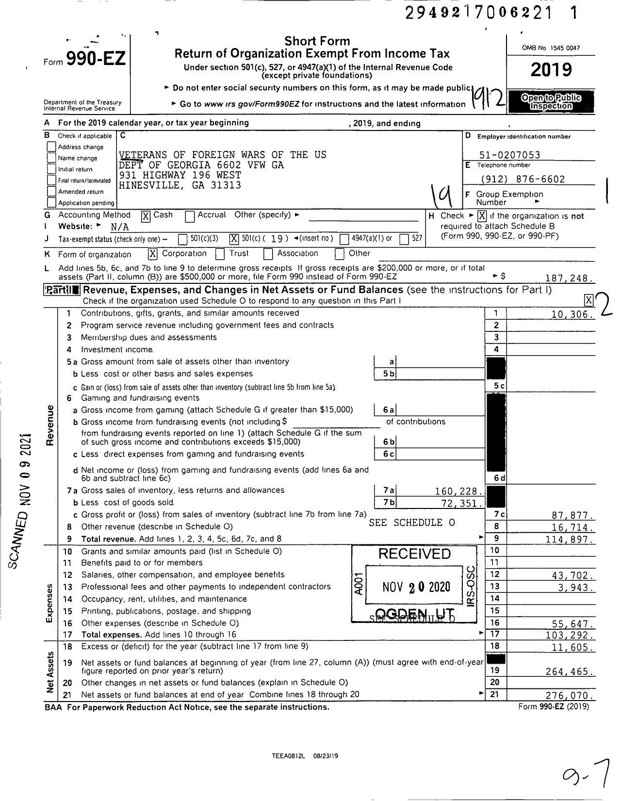 Image of first page of 2019 Form 990EO for Veteran of Foreign Wars of the Us Dept of Georgia - 6602 VFW Ga