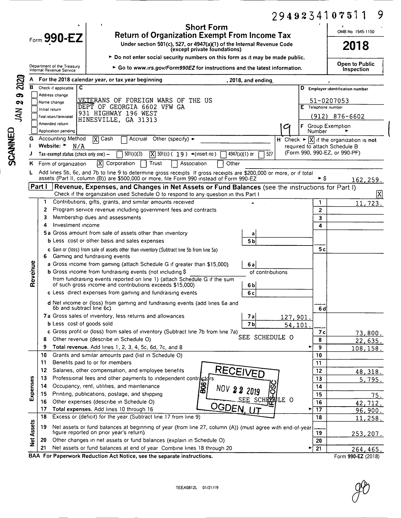 Image of first page of 2018 Form 990EO for Veteran of Foreign Wars of the Us Dept of Georgia - 6602 VFW Ga