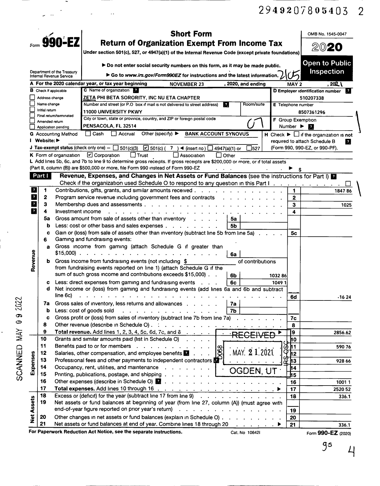 Image of first page of 2020 Form 990EO for Nu Eta Chapter of Zeta Phi Beta Sorority Incorporated