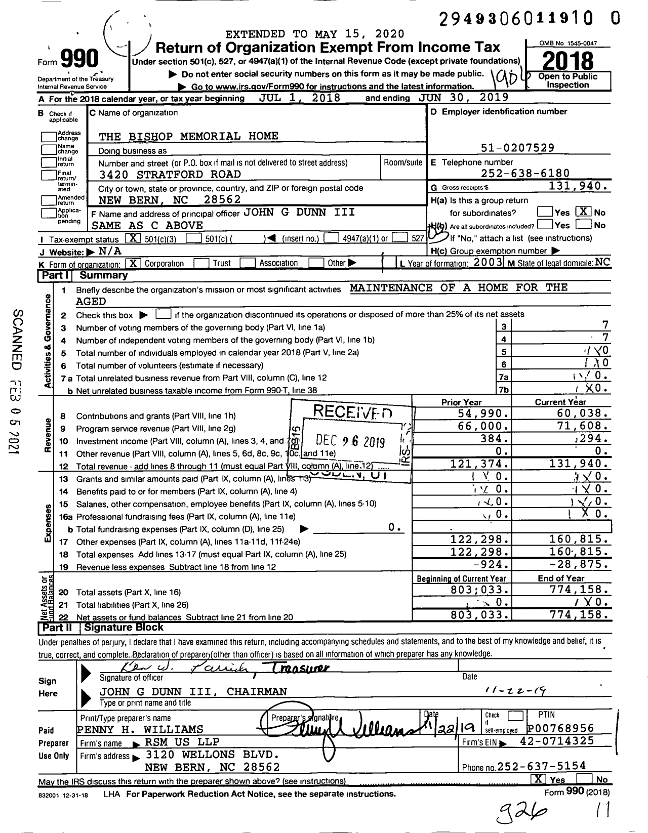 Image of first page of 2018 Form 990 for The Bishop Memorial Home