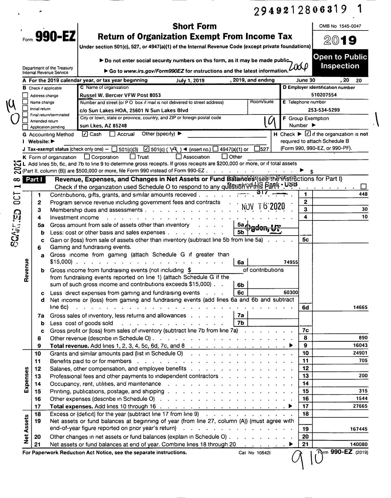 Image of first page of 2019 Form 990EO for Veterans of Foreign Wars of Arizona - 8053 Russell W Bercier Post