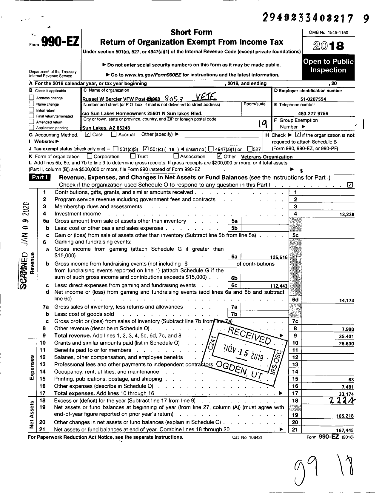 Image of first page of 2018 Form 990EO for Veterans of Foreign Wars of Arizona - 8053 Russell W Bercier Post