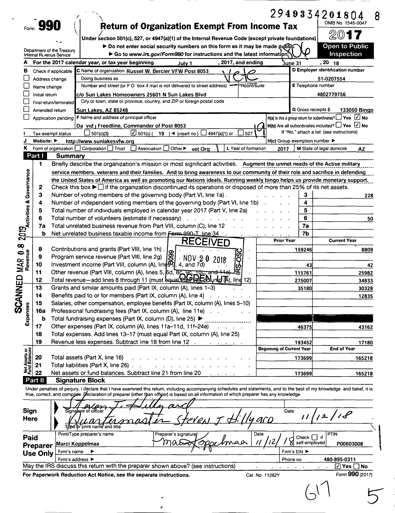 Image of first page of 2017 Form 990O for Veterans of Foreign Wars of Arizona - 8053 Russell W Bercier Post