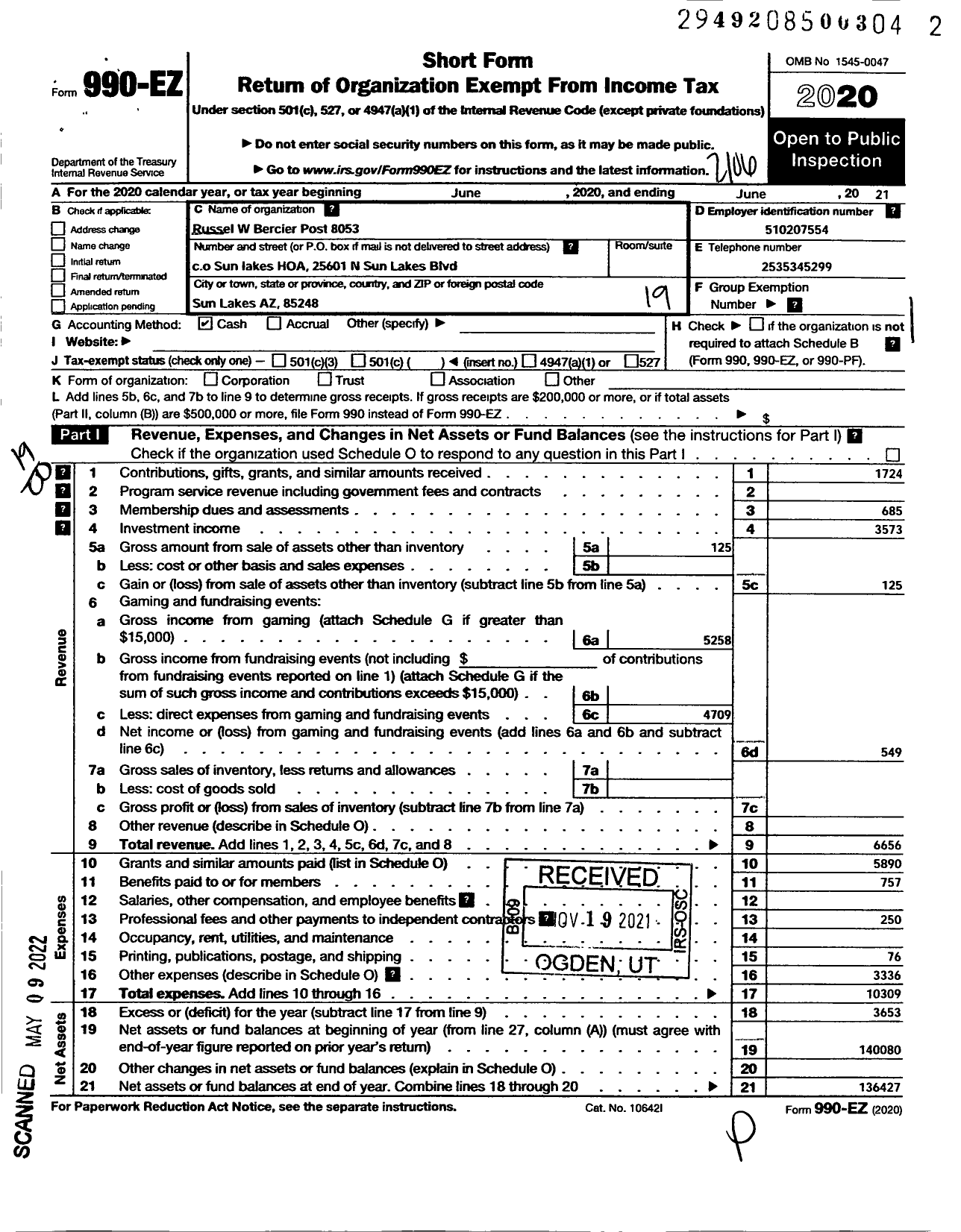 Image of first page of 2020 Form 990EO for Veterans of Foreign Wars of Arizona - 8053 Russell W Bercier Post