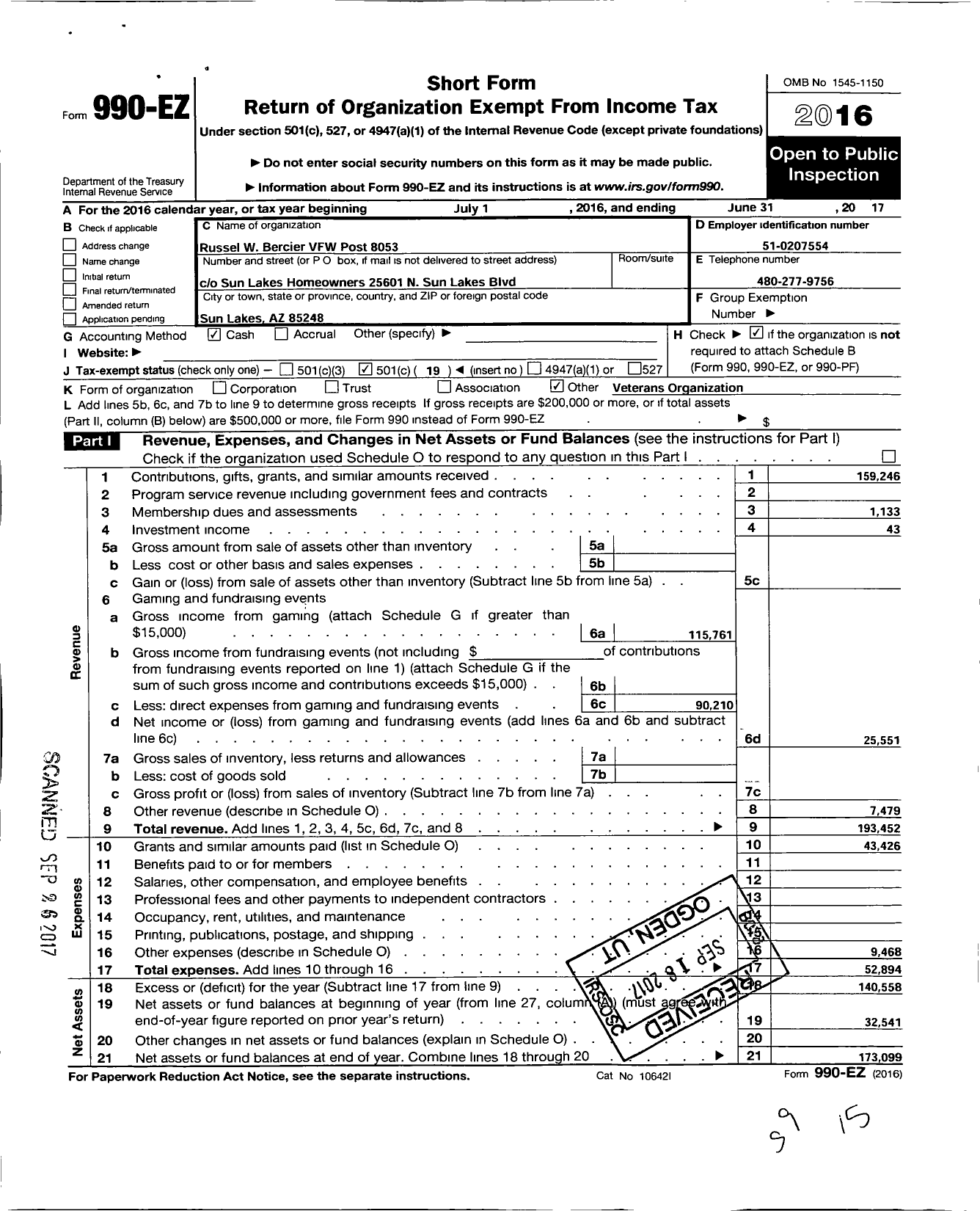 Image of first page of 2016 Form 990EO for Veterans of Foreign Wars of Arizona - 8053 Russell W Bercier Post