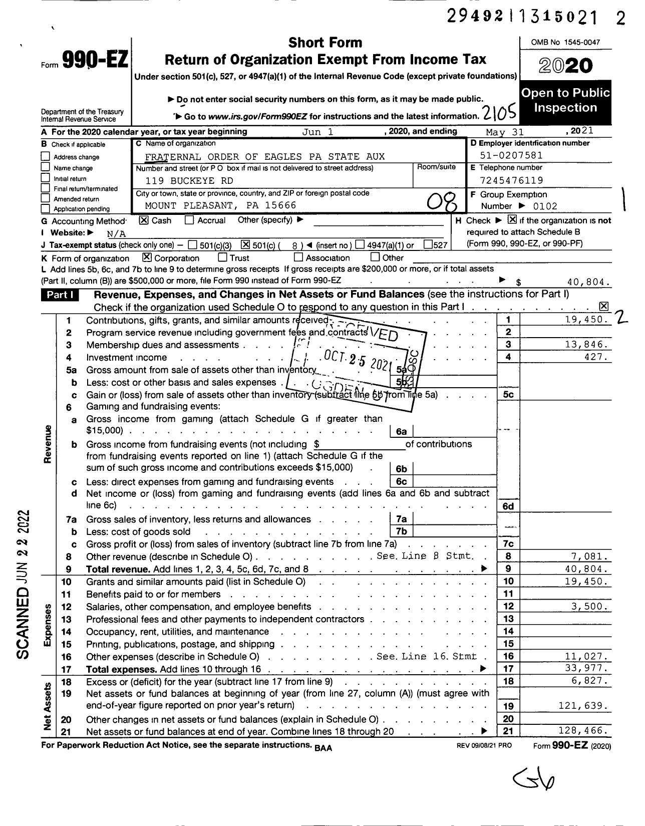 Image of first page of 2020 Form 990EO for Fraternal Order of Eagles - Pennsylvania State Auxiliary