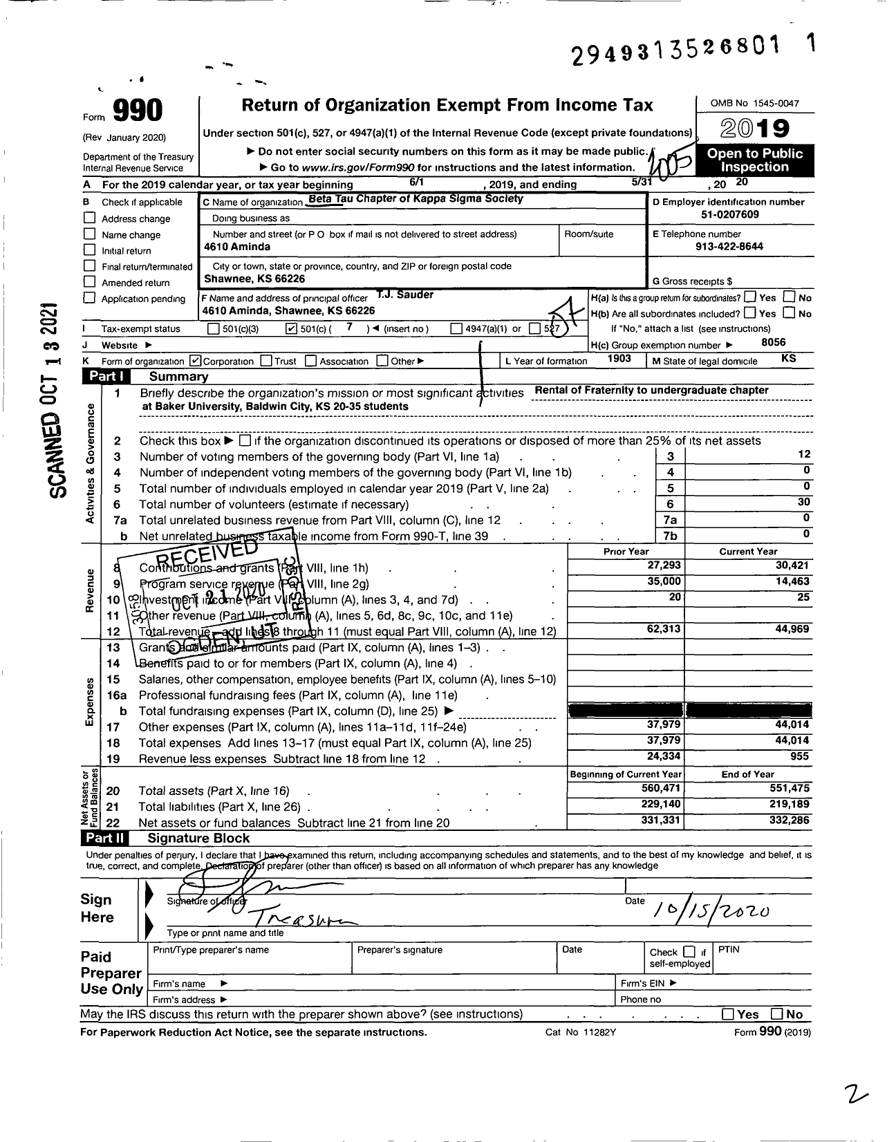 Image of first page of 2019 Form 990O for Kappa Sigma Fraternity - Beta Tau Chapter Kappa Sigma Societ