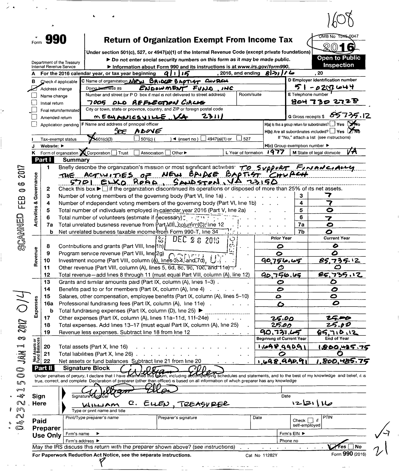 Image of first page of 2015 Form 990 for Newbridge Baptist Church Endowment Fund