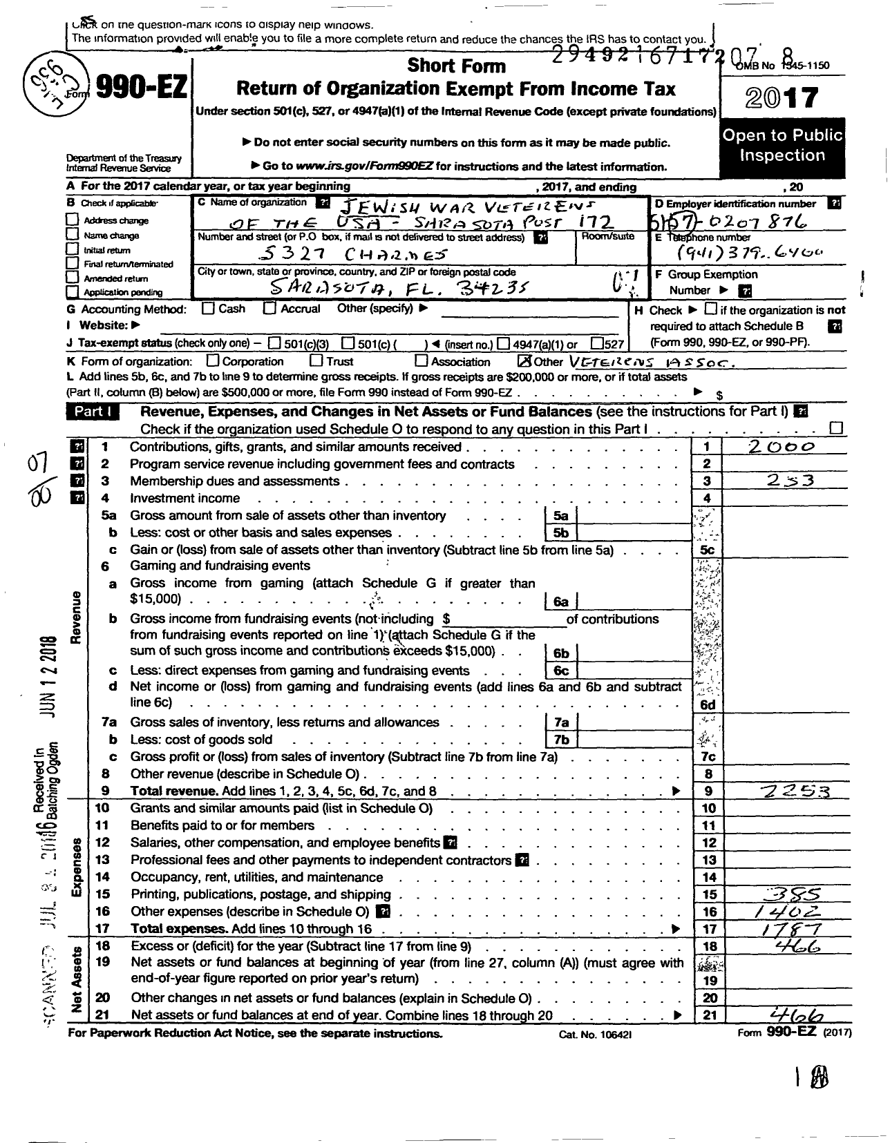 Image of first page of 2017 Form 990EO for Jewish War Veterans of the United States of America - 172 Sarasota County Post