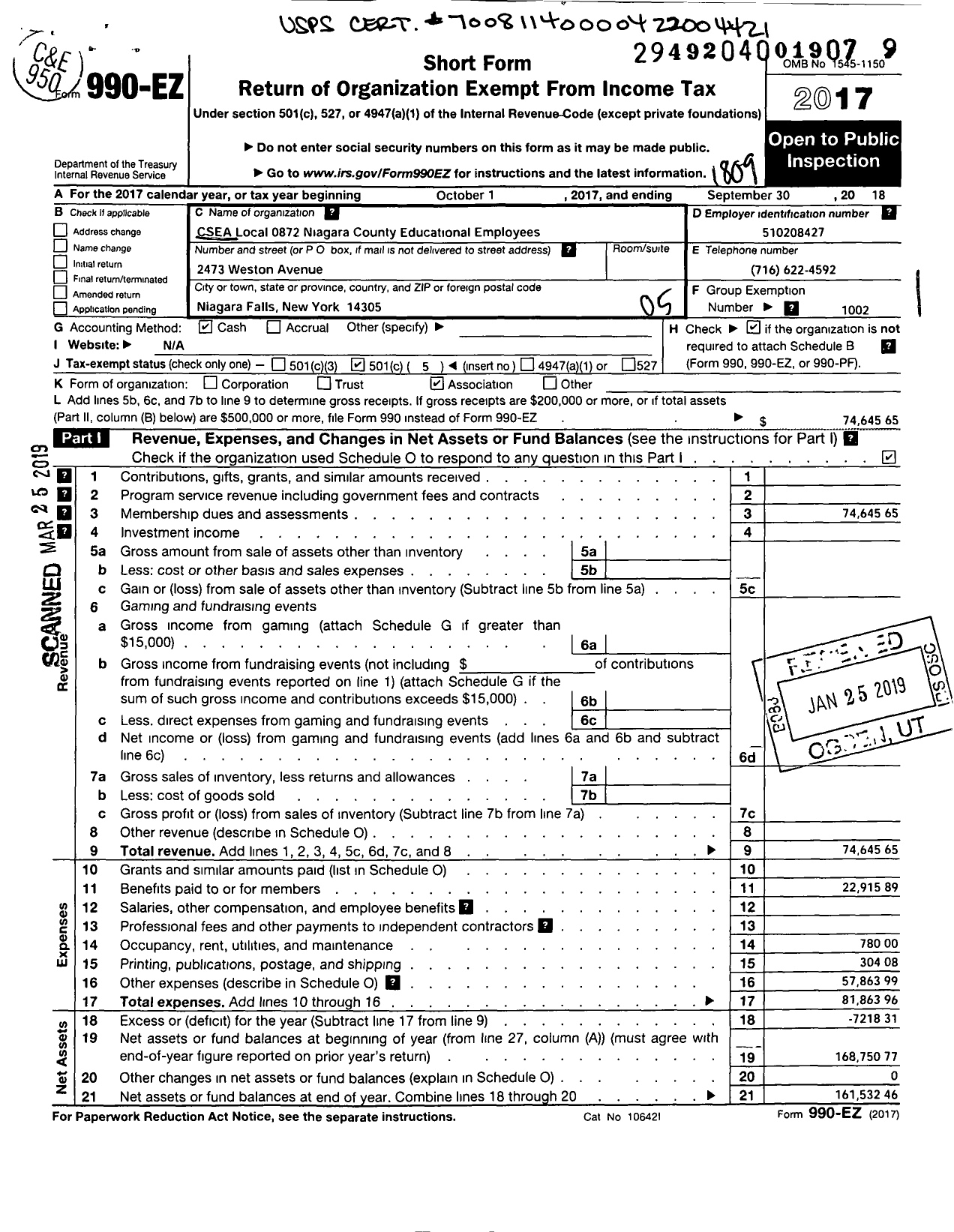 Image of first page of 2017 Form 990EO for Civil Service Employees Association - 0872 Niagara Co Educational Emplys