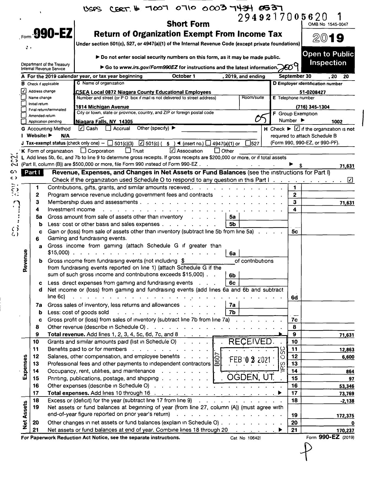 Image of first page of 2019 Form 990EO for Civil Service Employees Association - 0872 Niagara Co Educational Emplys