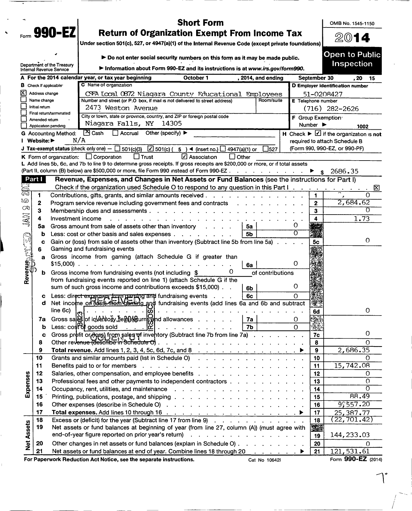 Image of first page of 2014 Form 990EO for Civil Service Employees Association - 0872 Niagara Co Educational Emplys