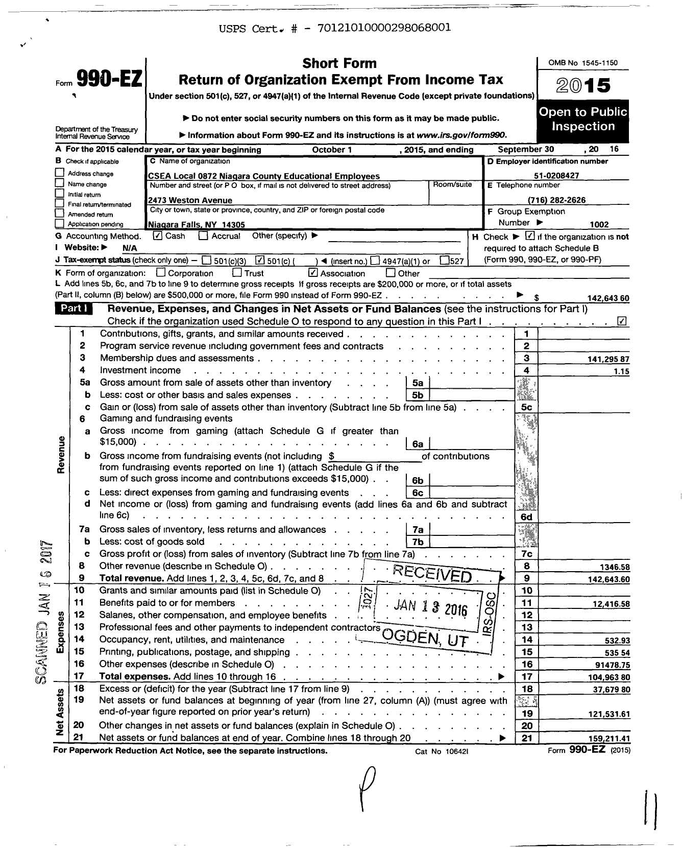 Image of first page of 2015 Form 990EO for Civil Service Employees Association - 0872 Niagara Co Educational Emplys