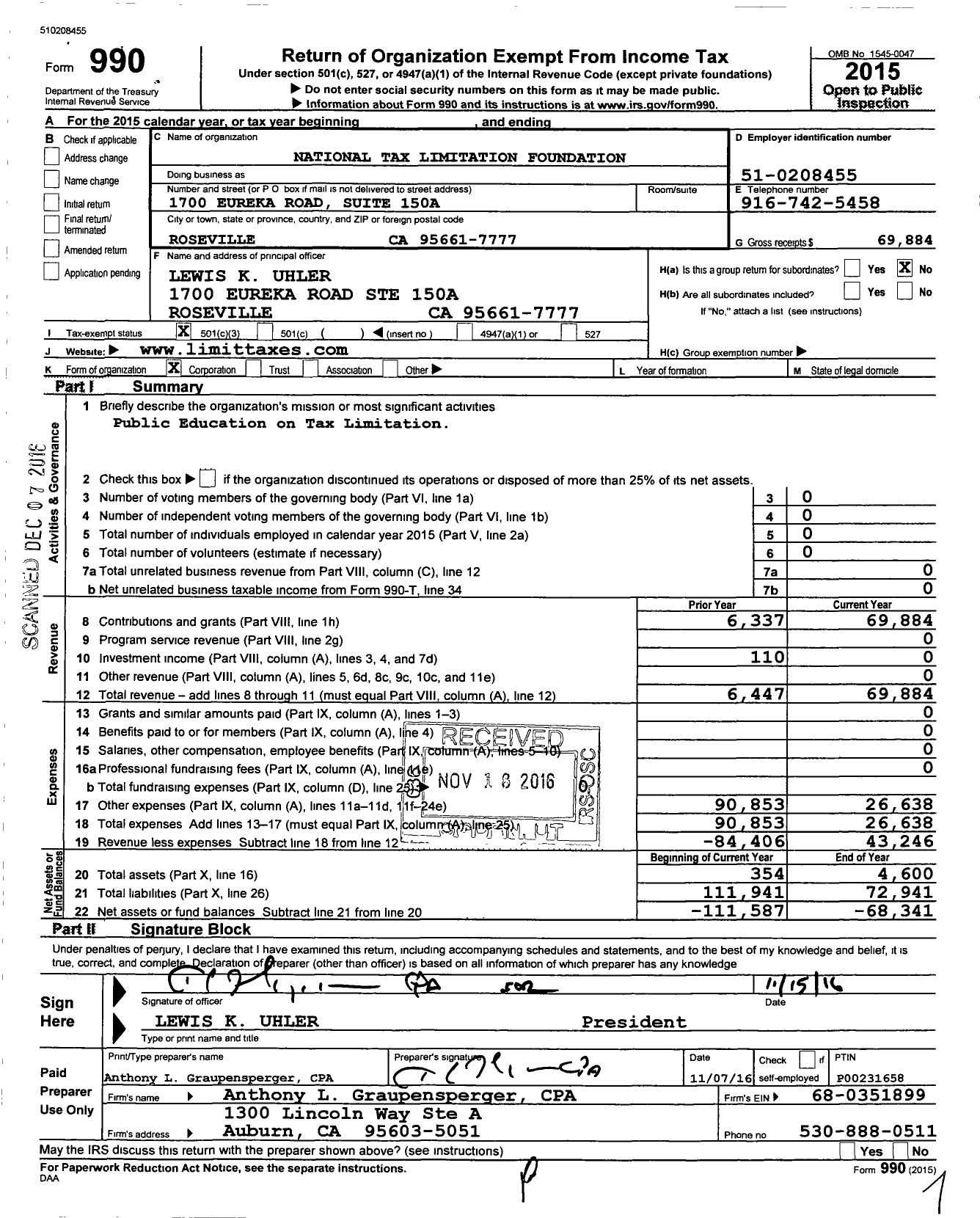 Image of first page of 2015 Form 990 for National Tax Limitation Foundation