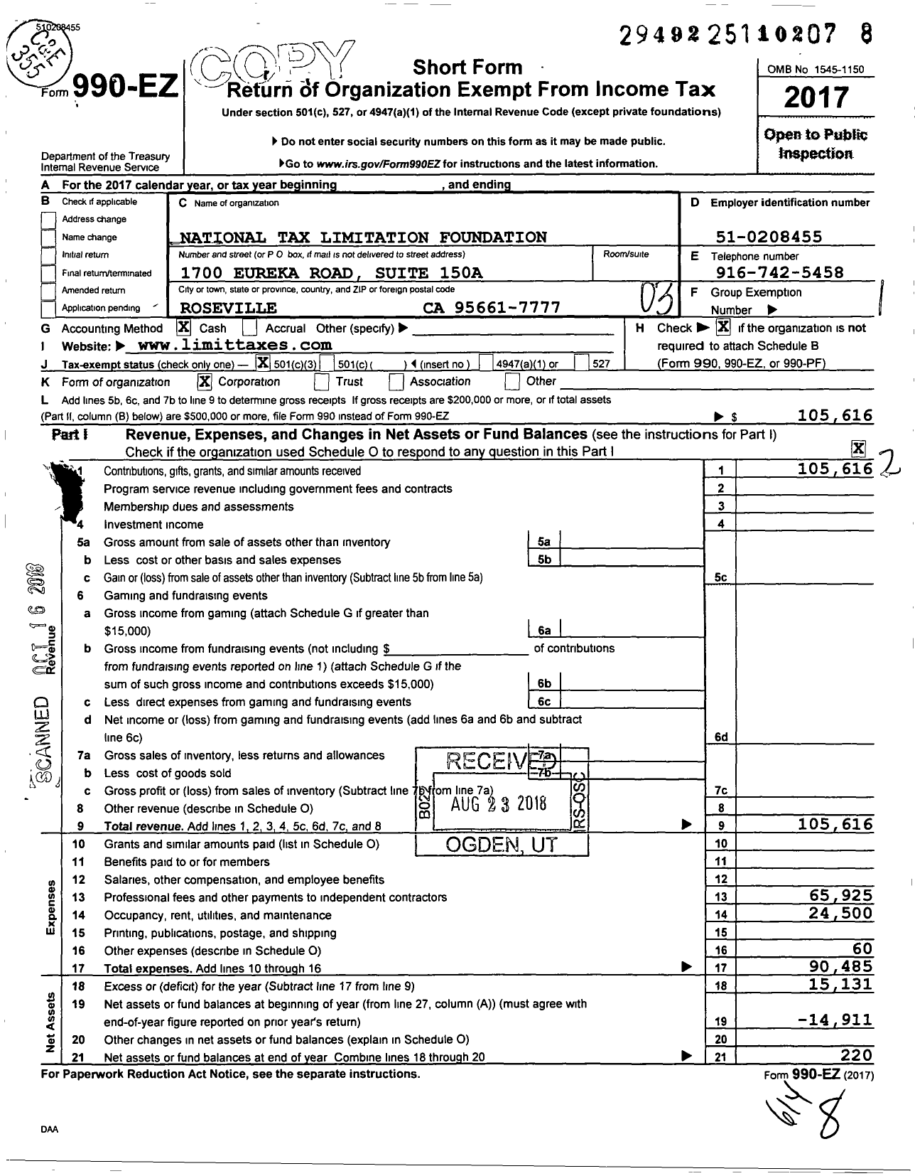 Image of first page of 2017 Form 990EZ for National Tax Limitation Foundation