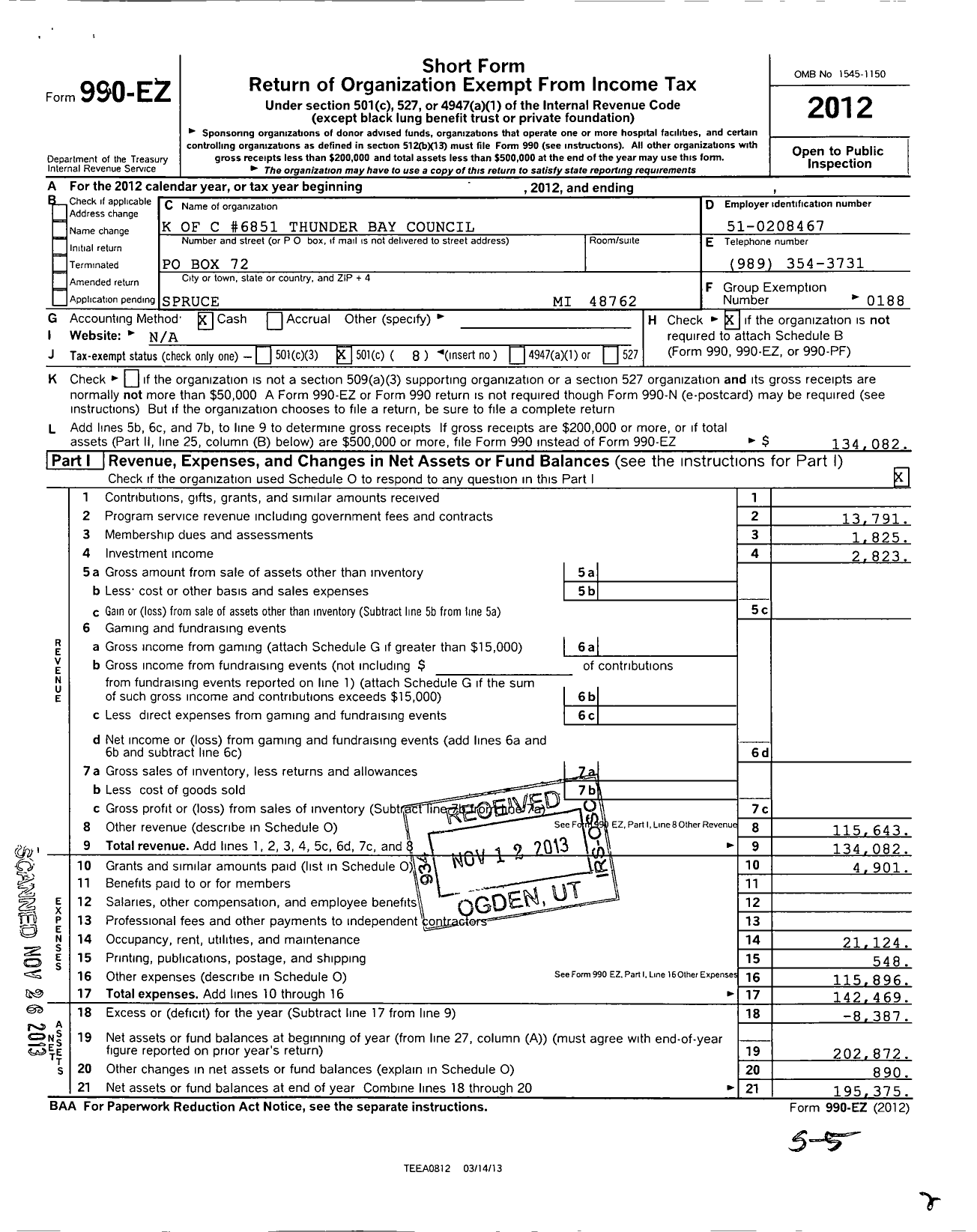 Image of first page of 2012 Form 990EO for Knights of Columbus - 6851 Thunder Bay Council