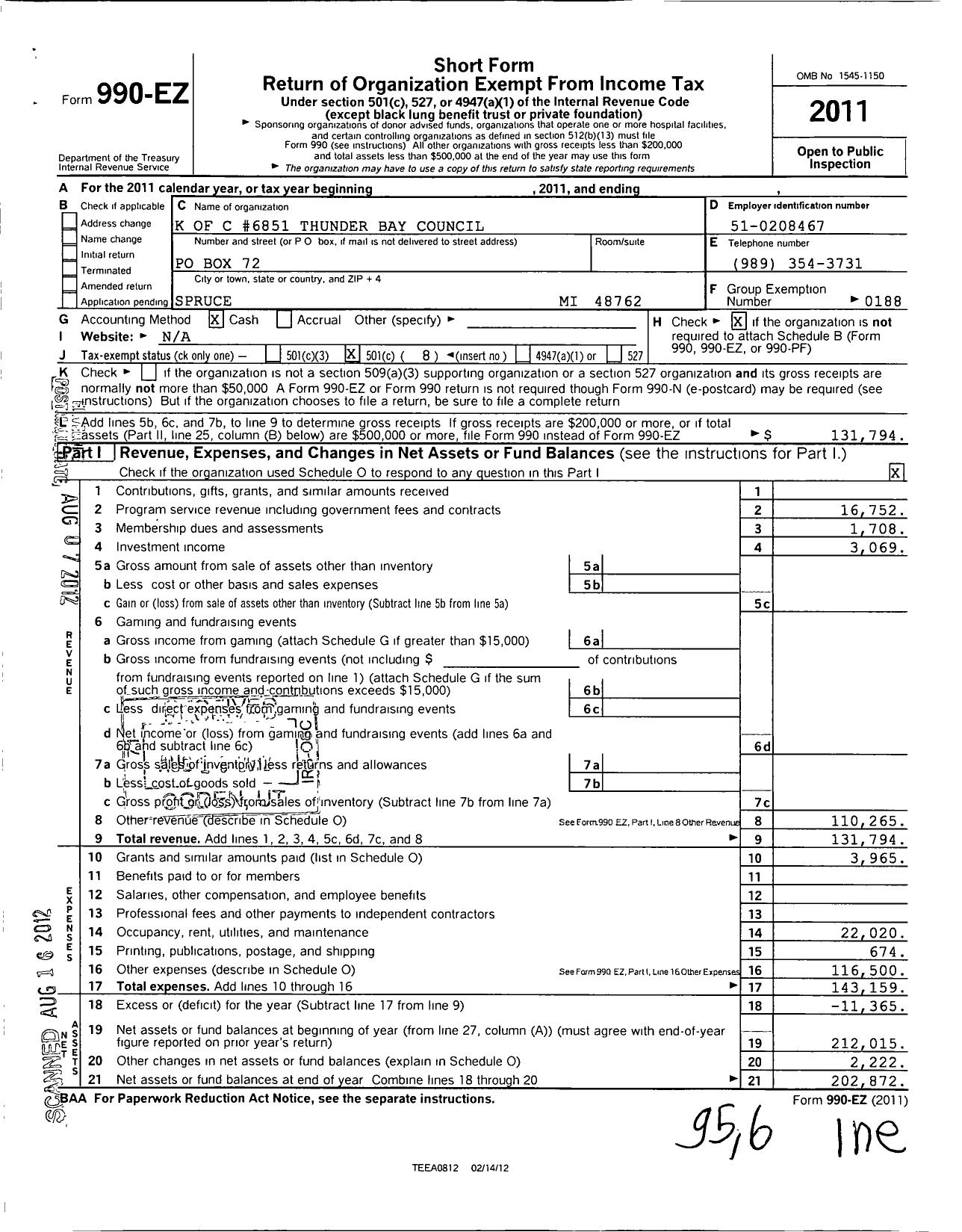 Image of first page of 2011 Form 990EO for Knights of Columbus - 6851 Thunder Bay Council