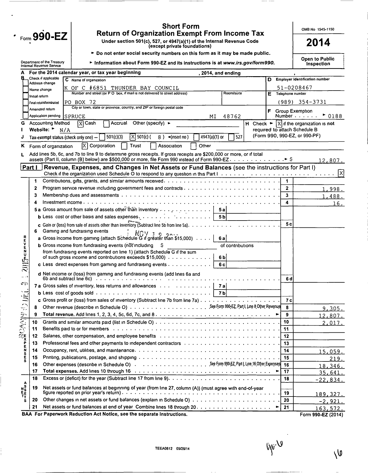 Image of first page of 2014 Form 990EO for Knights of Columbus - 6851 Thunder Bay Council