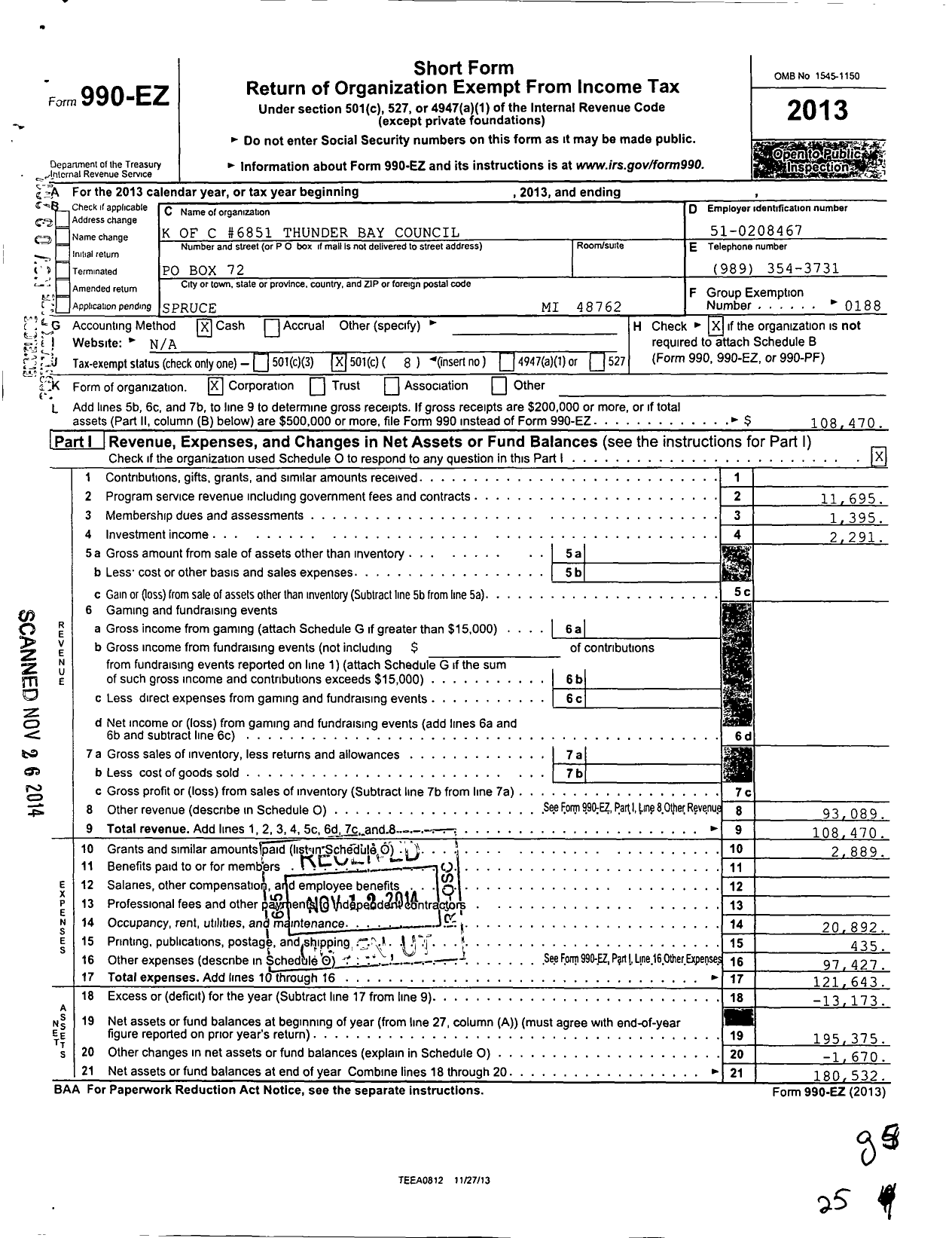 Image of first page of 2013 Form 990EO for Knights of Columbus - 6851 Thunder Bay Council