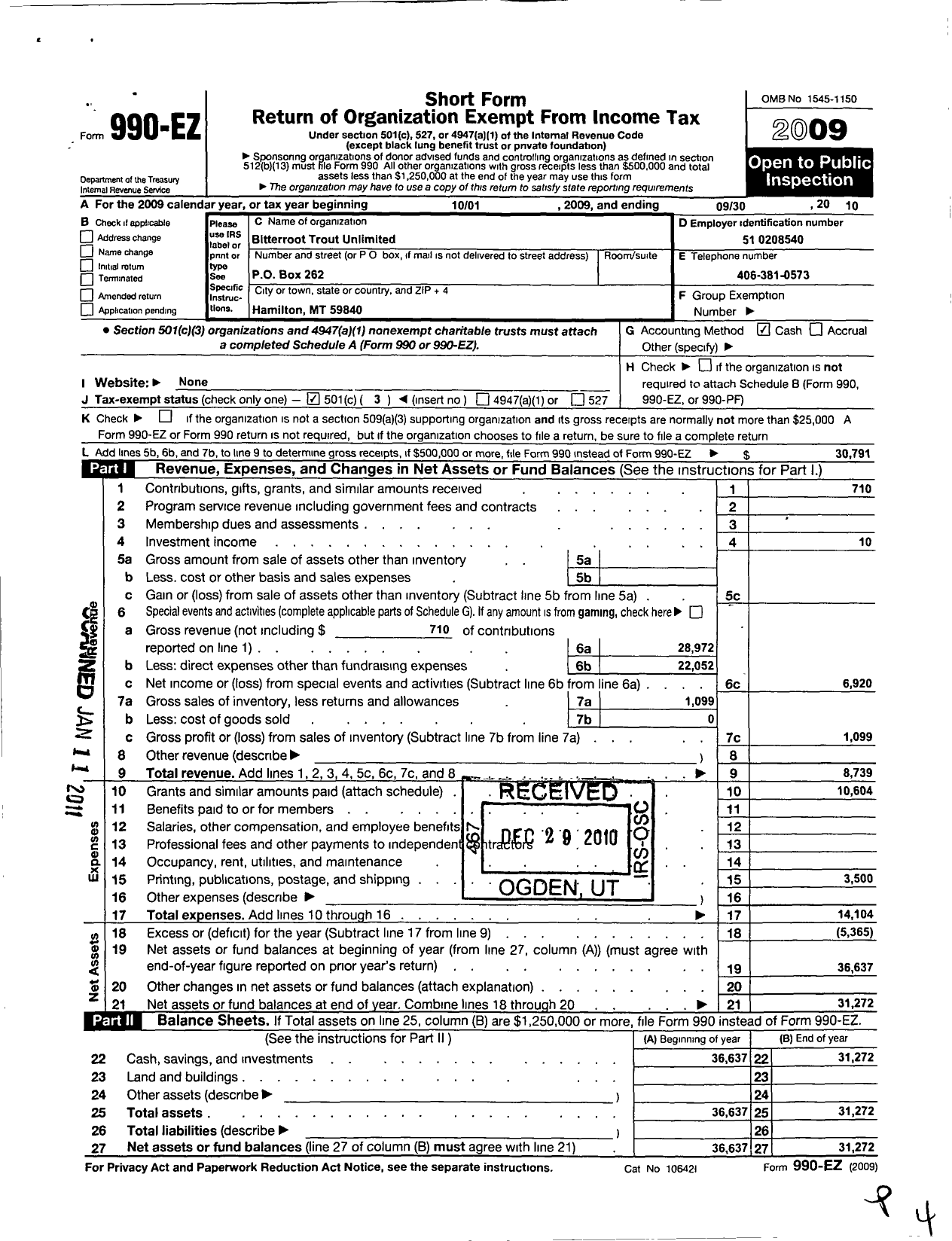 Image of first page of 2009 Form 990EZ for Trout Unlimited - 080 Bitter Root