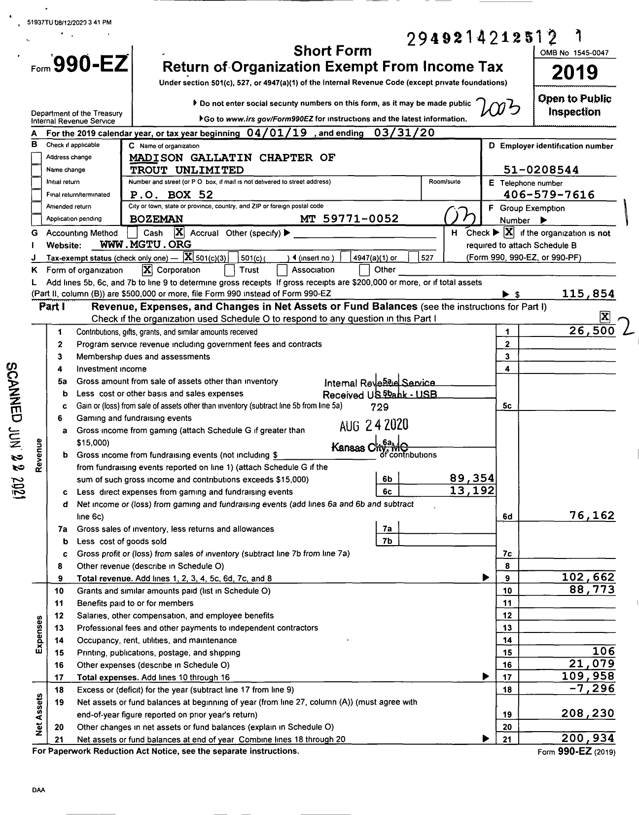 Image of first page of 2019 Form 990EZ for Trout Unlimited - 024 Madison-Gallatin