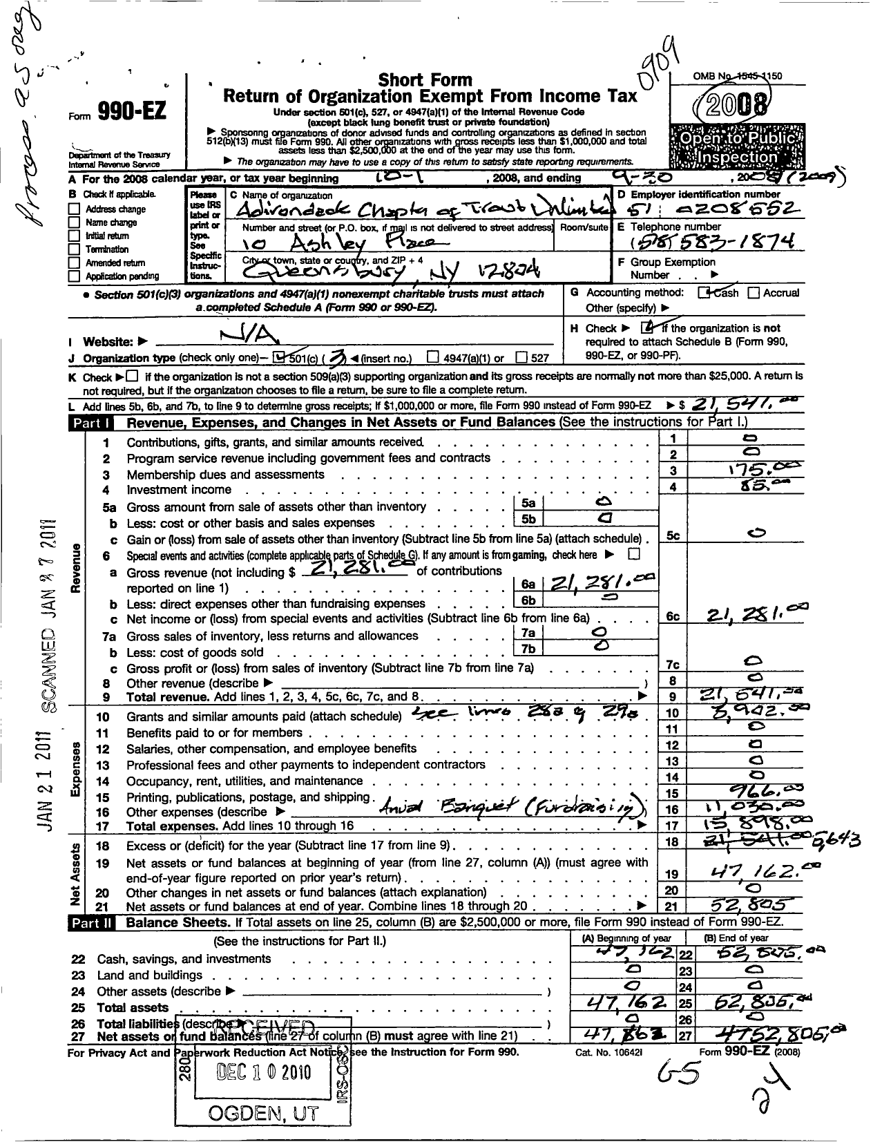 Image of first page of 2008 Form 990EZ for Trout Unlimited - 473 Adirondack