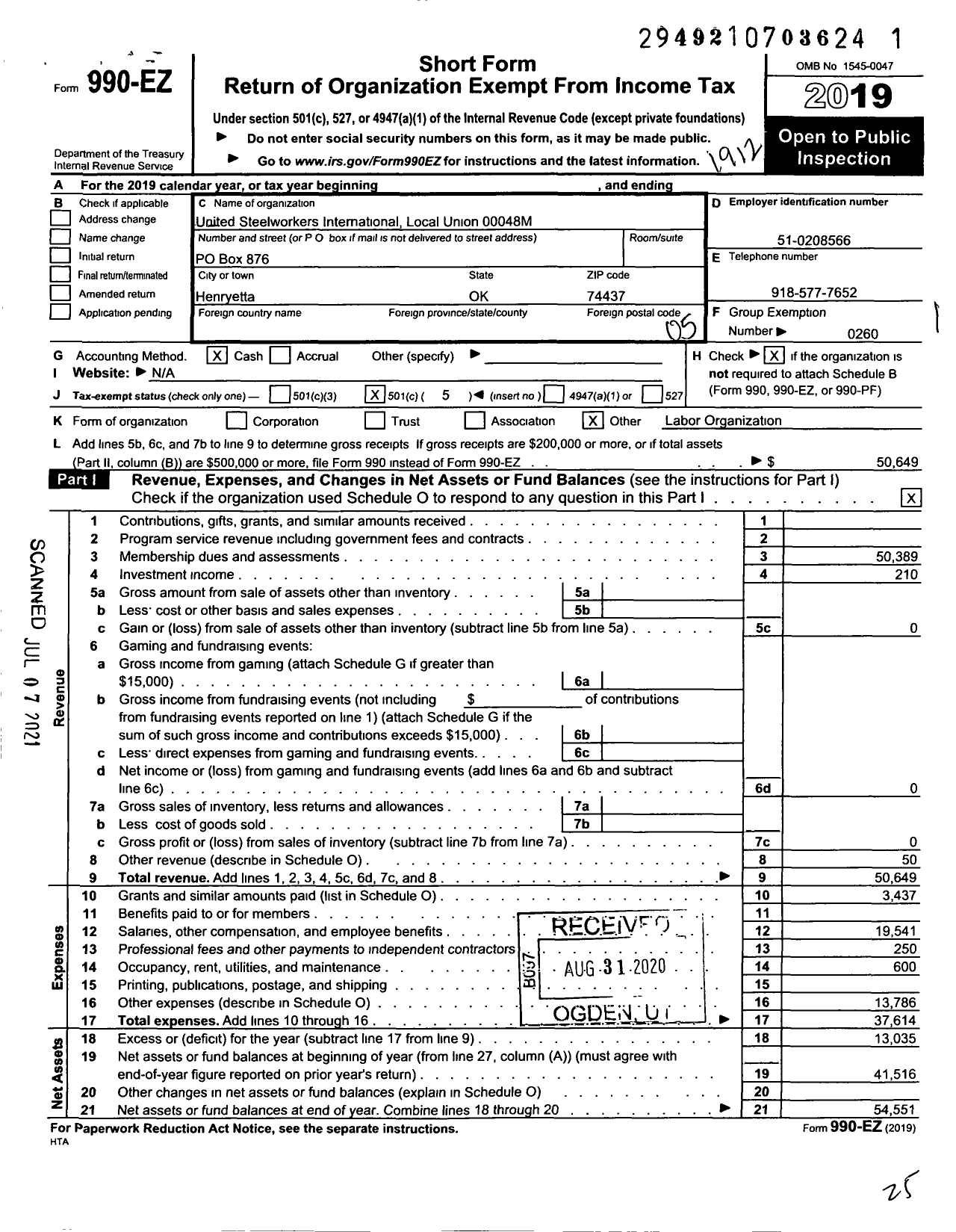 Image of first page of 2019 Form 990EO for Glass Molders Pottery Plastics and Allied Workers - 48 Local