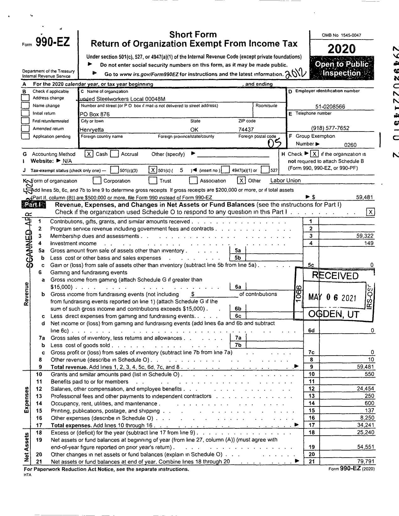 Image of first page of 2020 Form 990EO for Glass Molders Pottery Plastics and Allied Workers - 48 Local