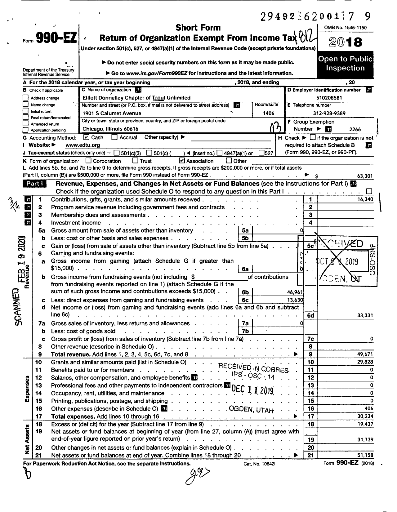 Image of first page of 2018 Form 990EZ for Trout Unlimited - 012 Elliott Donnelley