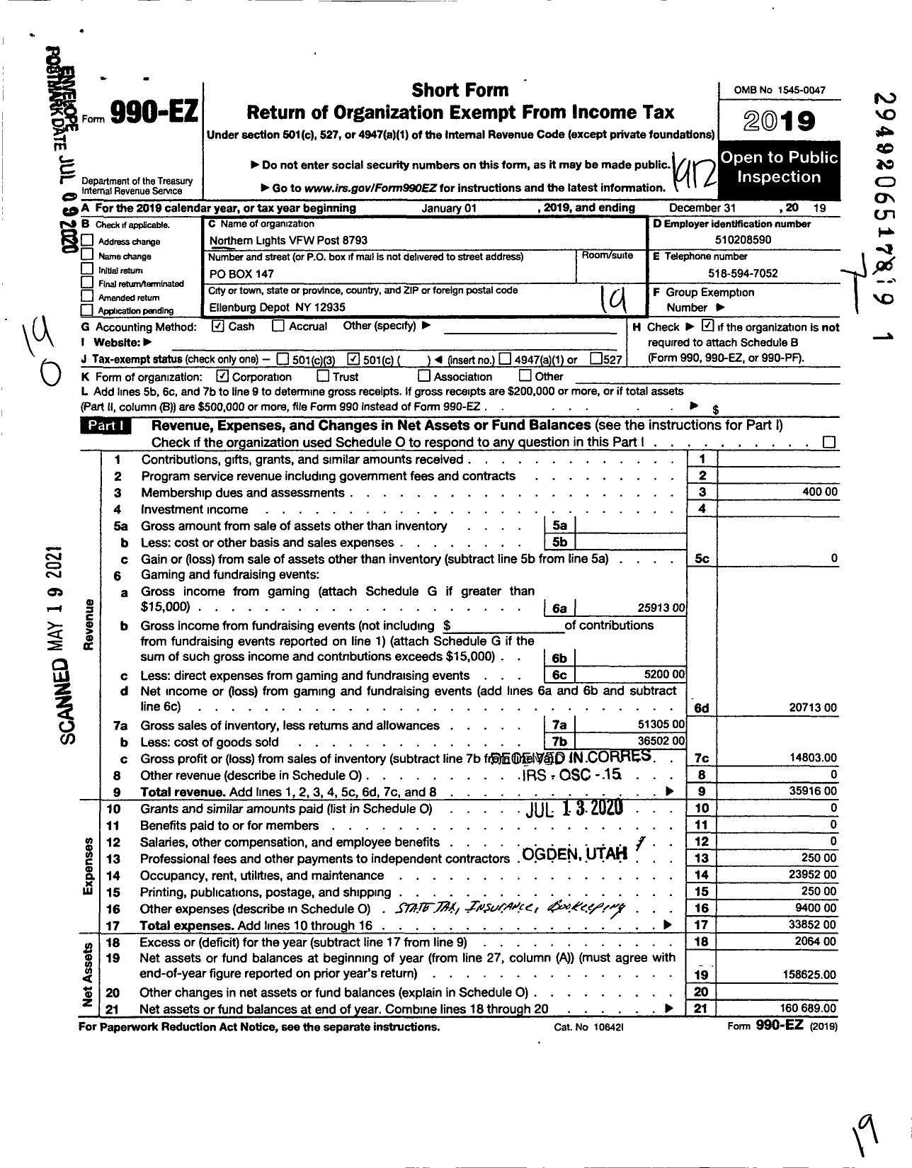 Image of first page of 2019 Form 990EO for Northern Lights VFW Post 8793
