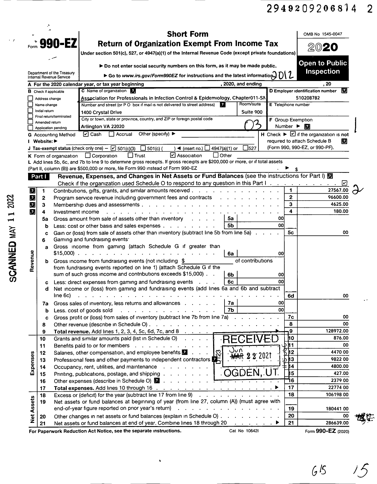 Image of first page of 2020 Form 990EZ for Association for Professionals in Infection Control and Epidemiology - 011 Southern New Jersey