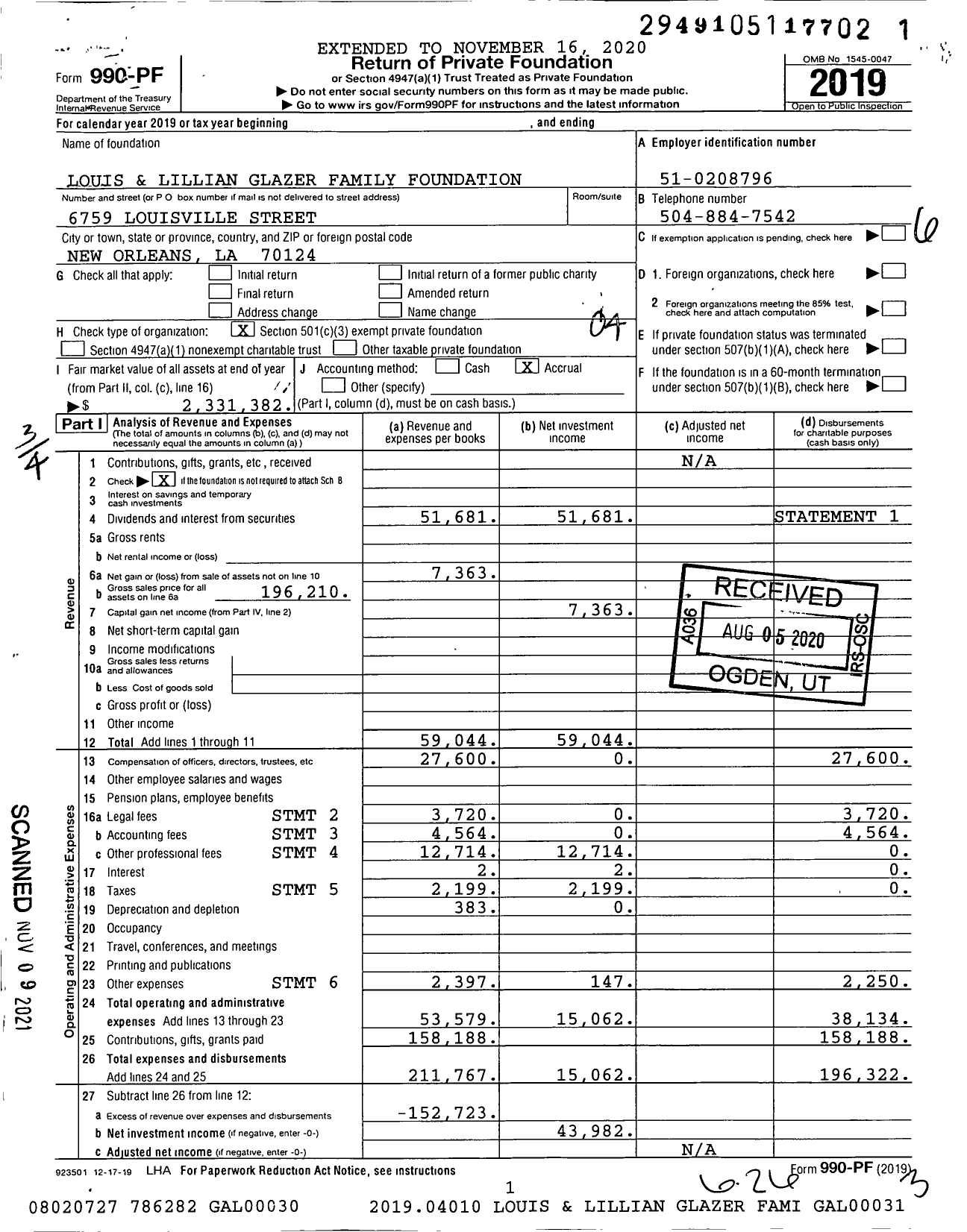 Image of first page of 2019 Form 990PF for Louis and Lillian Glazer Family Foundation