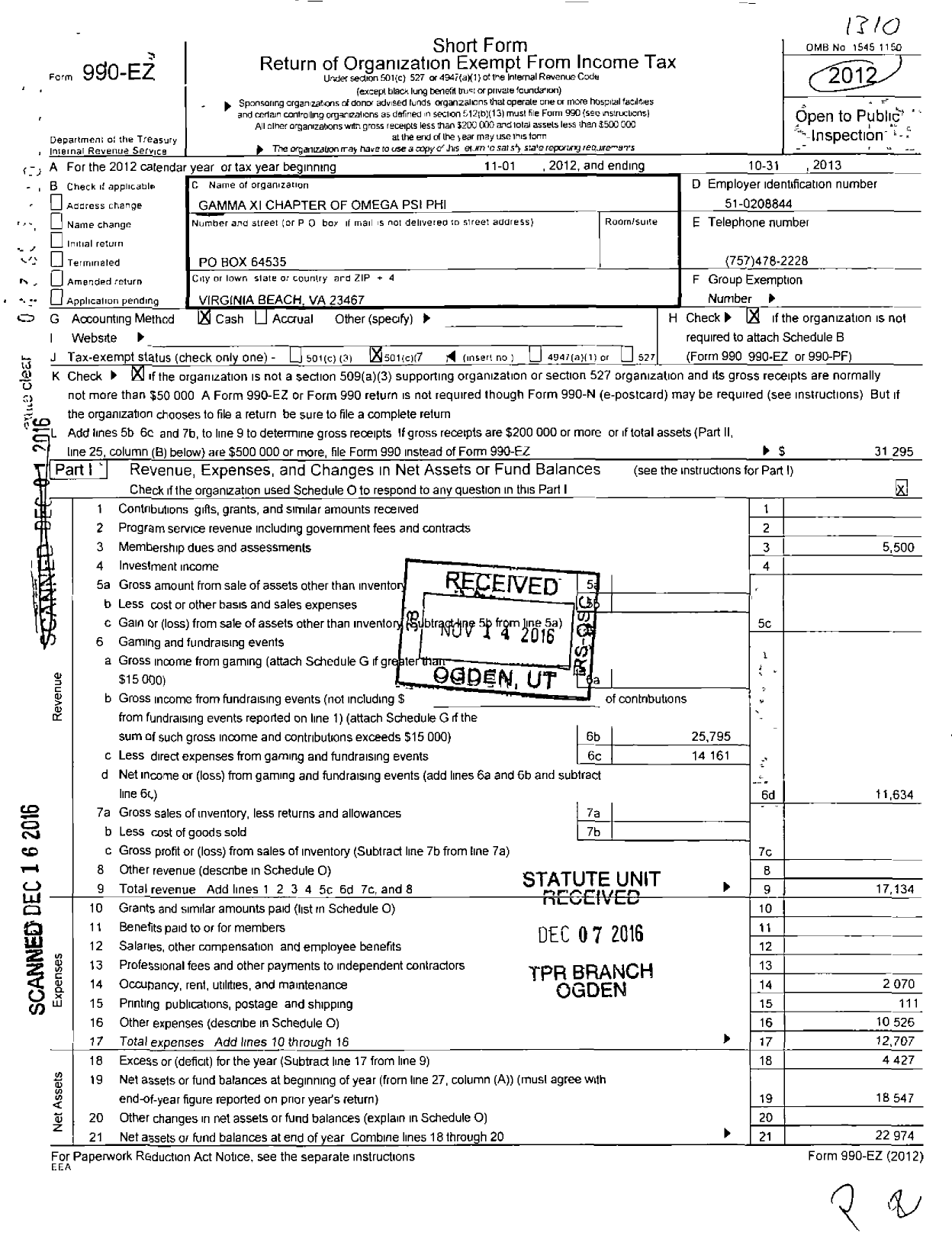 Image of first page of 2012 Form 990EO for Gamma Xi Chapter of Omega Psi Phi Fraternity