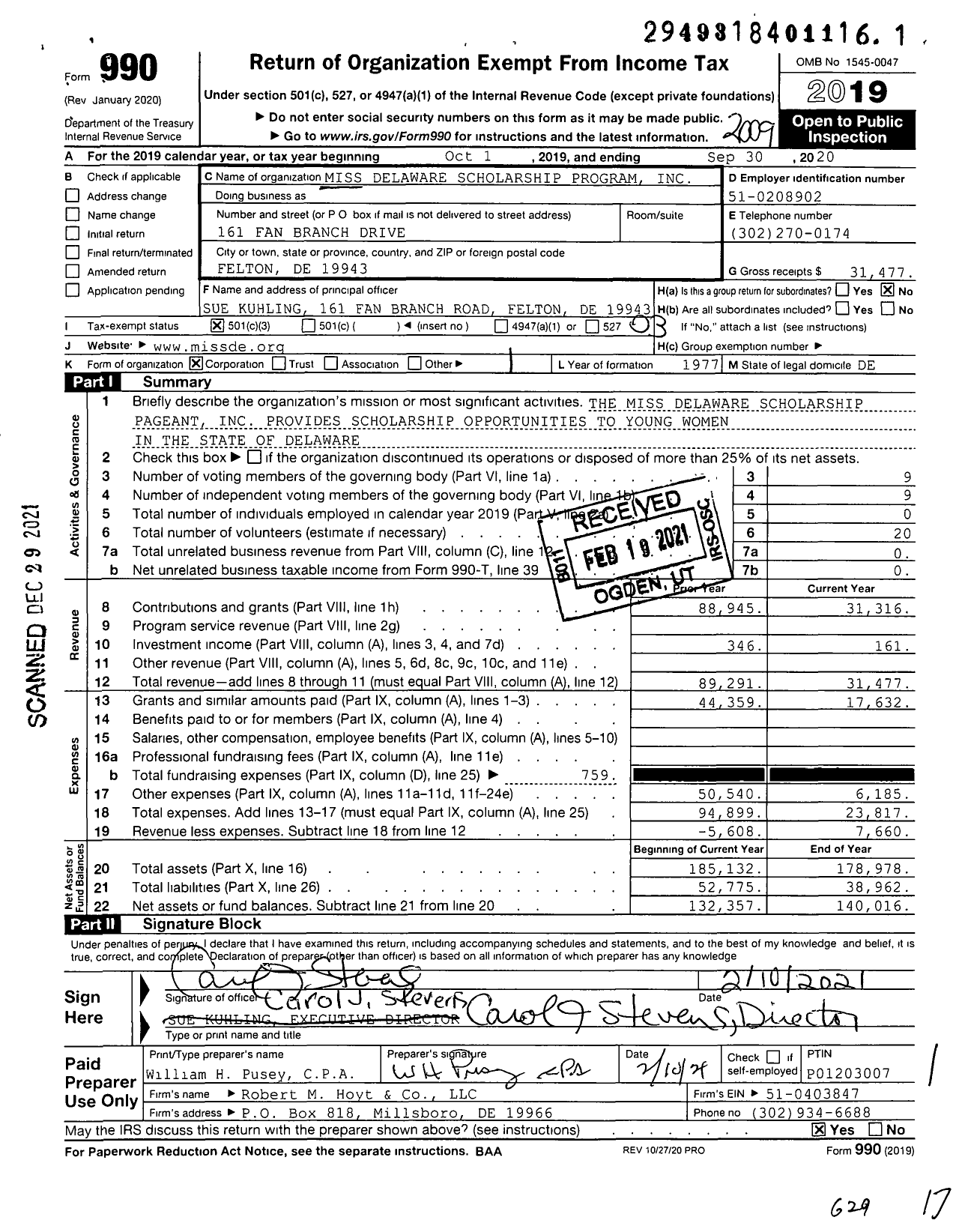 Image of first page of 2019 Form 990 for Miss Delaware Scholarship Program