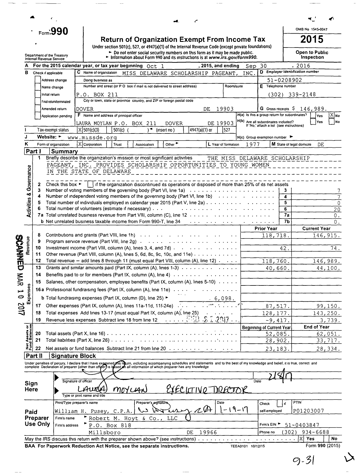 Image of first page of 2015 Form 990 for Miss Delaware Scholarship Program