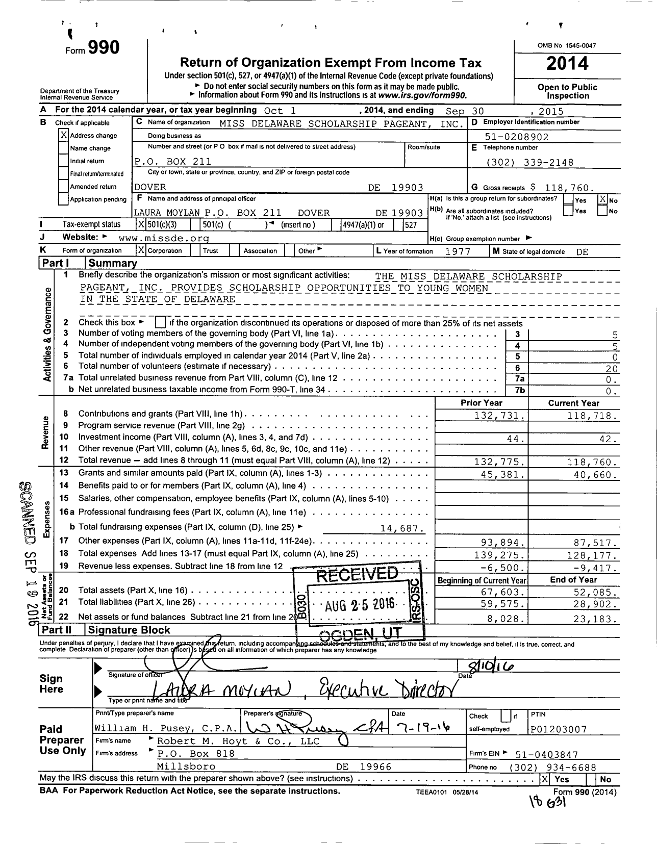 Image of first page of 2014 Form 990 for Miss Delaware Scholarship Program