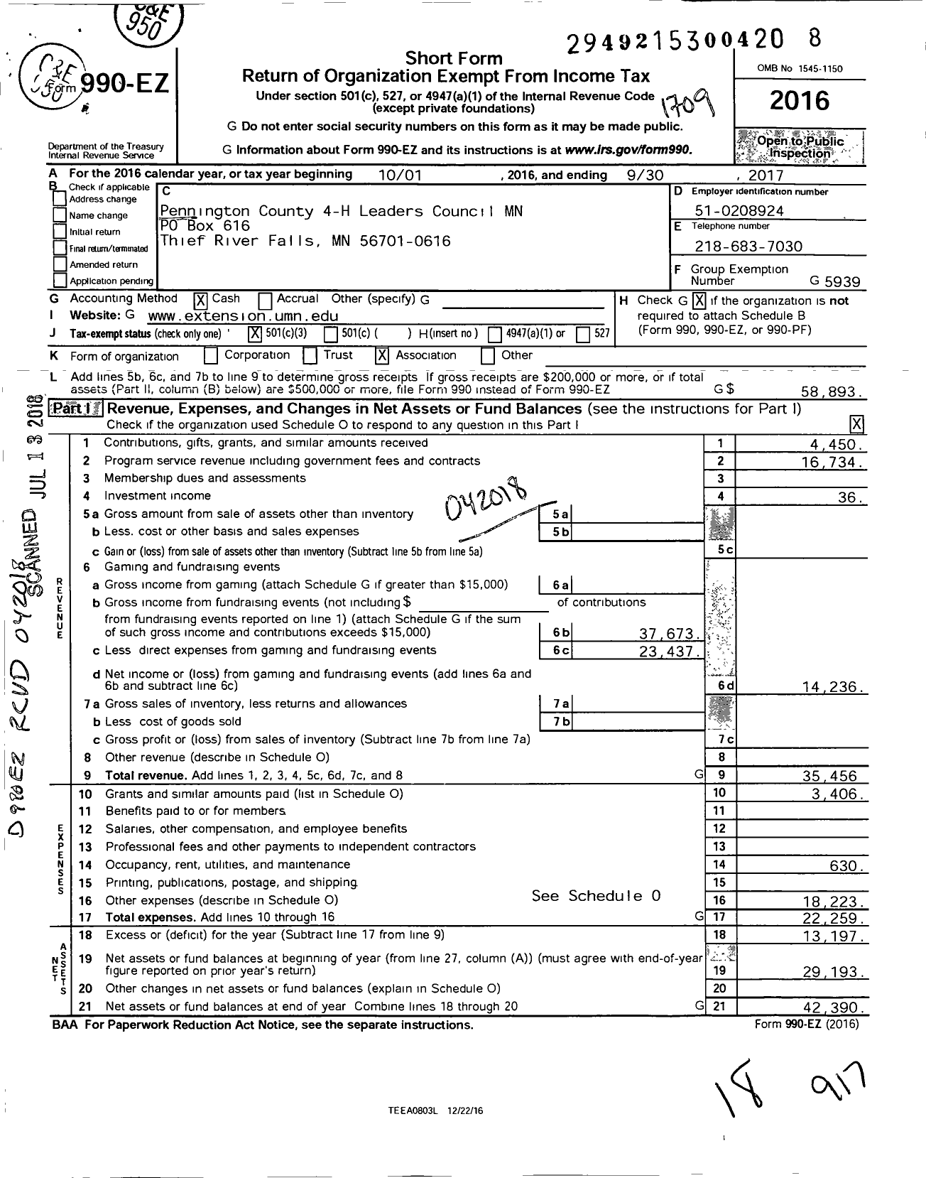 Image of first page of 2016 Form 990EZ for Pennington County 4-H Leaders Council MN