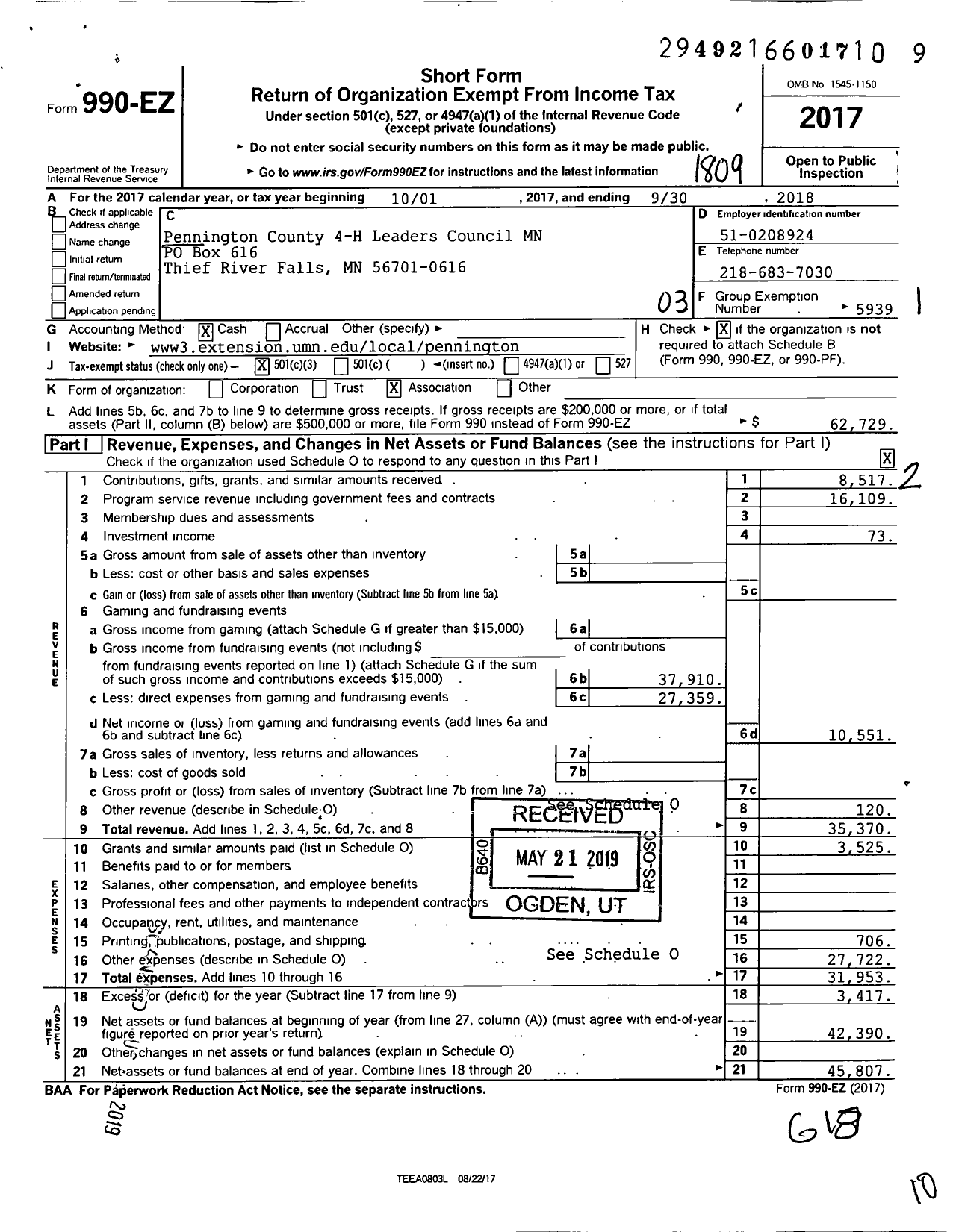 Image of first page of 2017 Form 990EZ for Pennington County 4-H Leaders Council MN