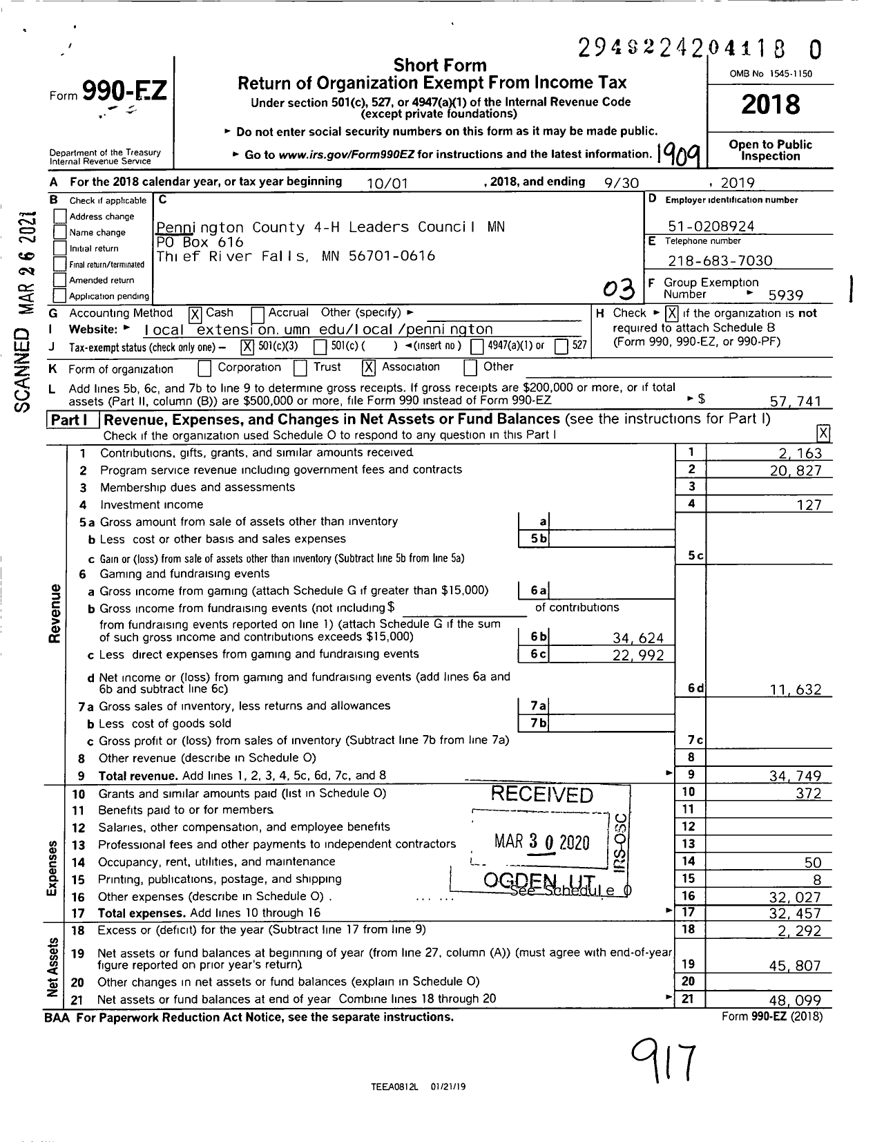 Image of first page of 2018 Form 990EZ for Pennington County 4-H Leaders Council MN