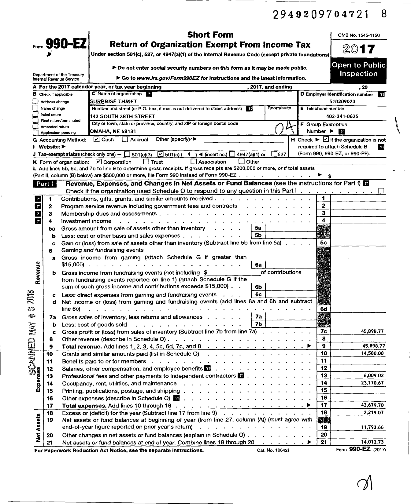 Image of first page of 2017 Form 990EO for Surprise Thrift Shop