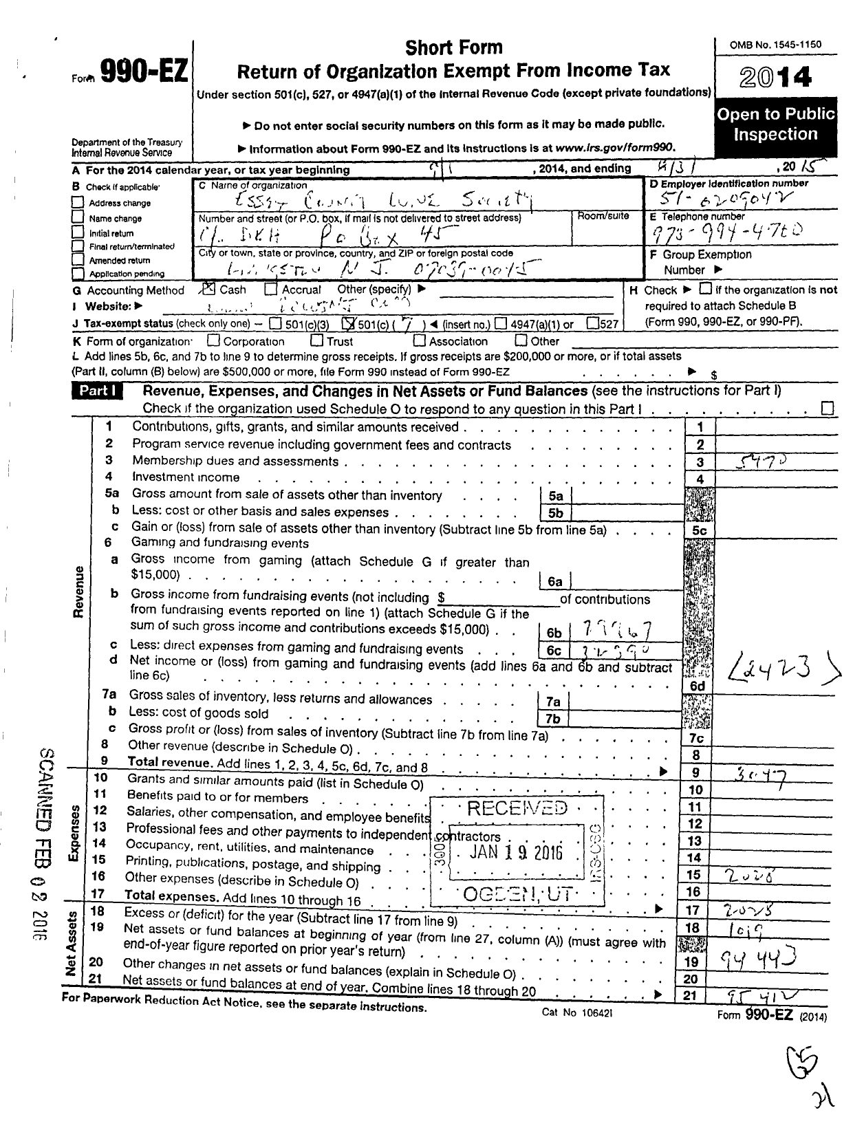 Image of first page of 2014 Form 990EO for Essex County Wine Society