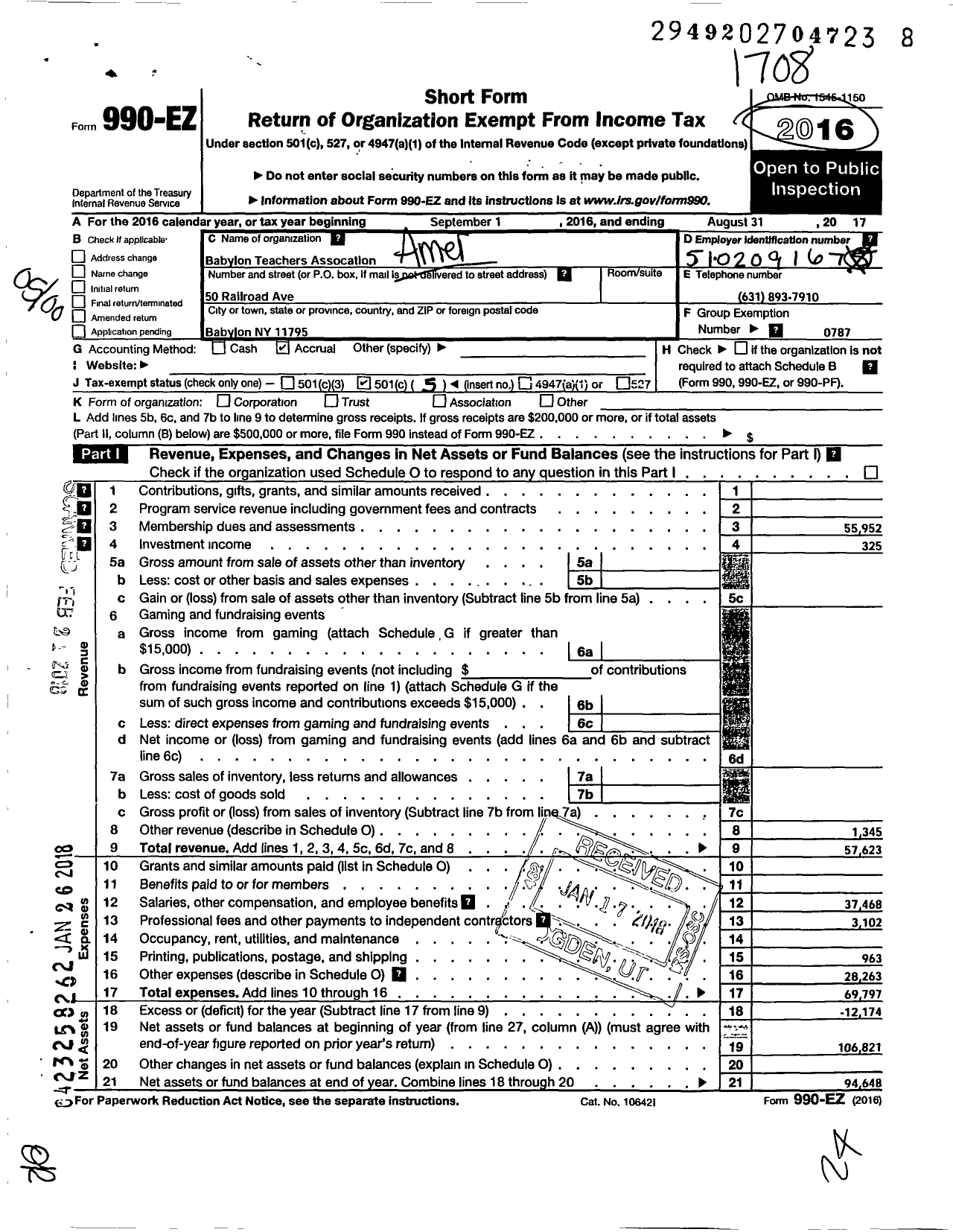 Image of first page of 2016 Form 990EO for American Federation of Teachers - 2481 Babylon Teachers Association