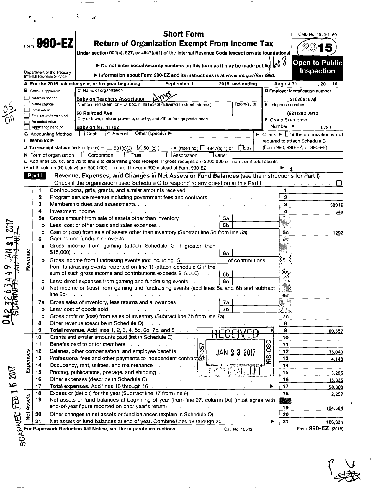Image of first page of 2015 Form 990EO for American Federation of Teachers - 2481 Babylon Teachers Association