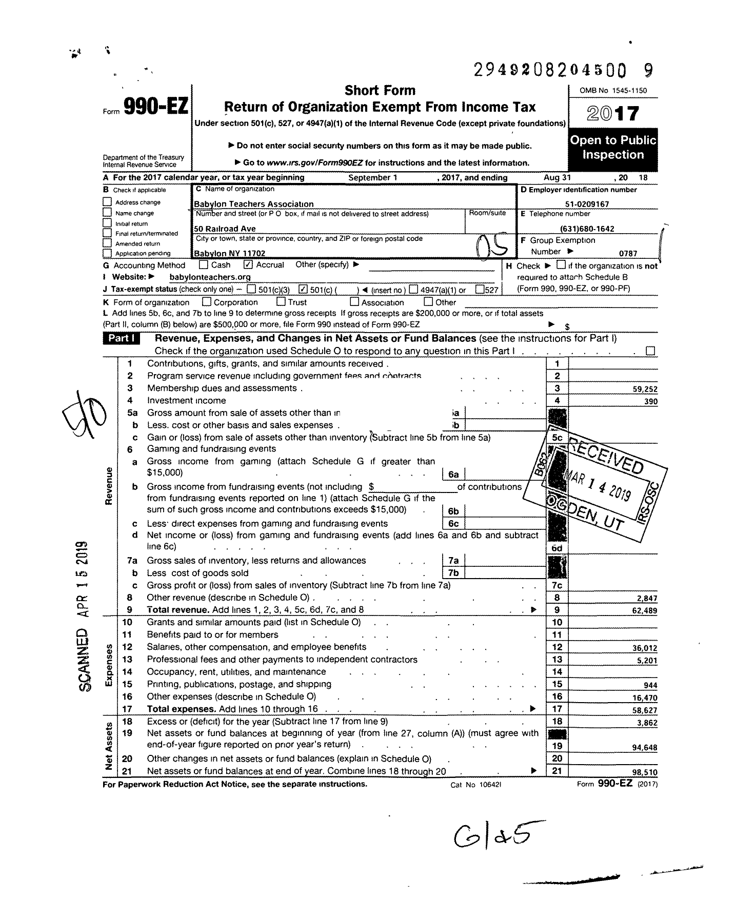 Image of first page of 2017 Form 990EO for American Federation of Teachers - 2481 Babylon Teachers Association