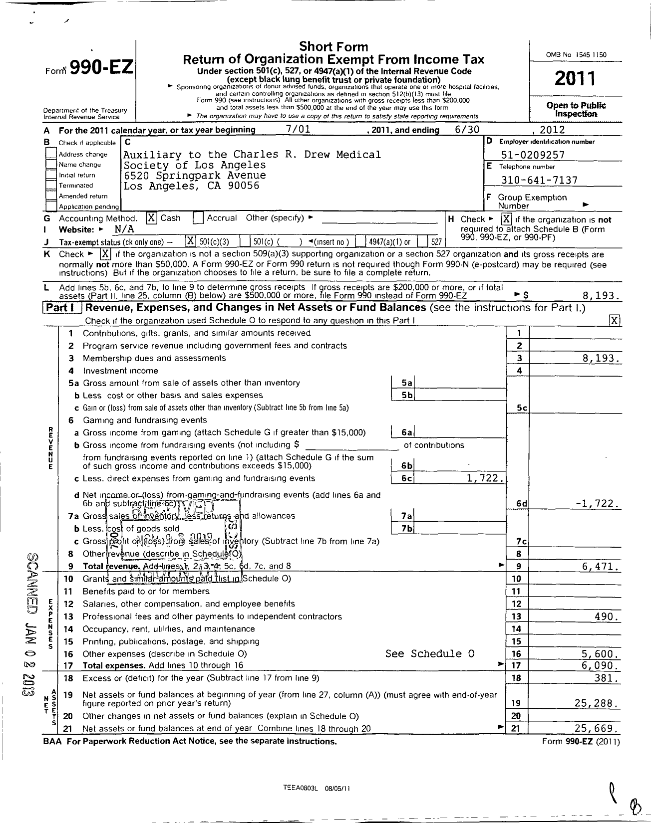 Image of first page of 2011 Form 990EZ for Auxiliary To The Charles R Drew Medical Society Of Los Angeles