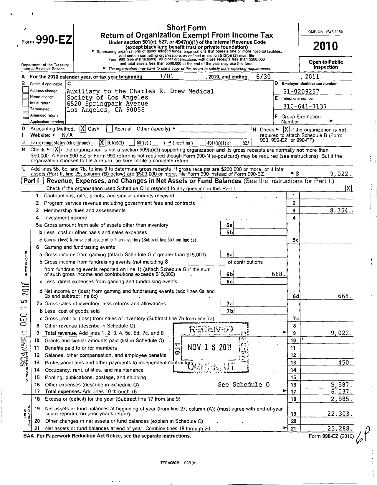 Image of first page of 2010 Form 990EZ for Auxiliary To The Charles R Drew Medical Society Of Los Angeles