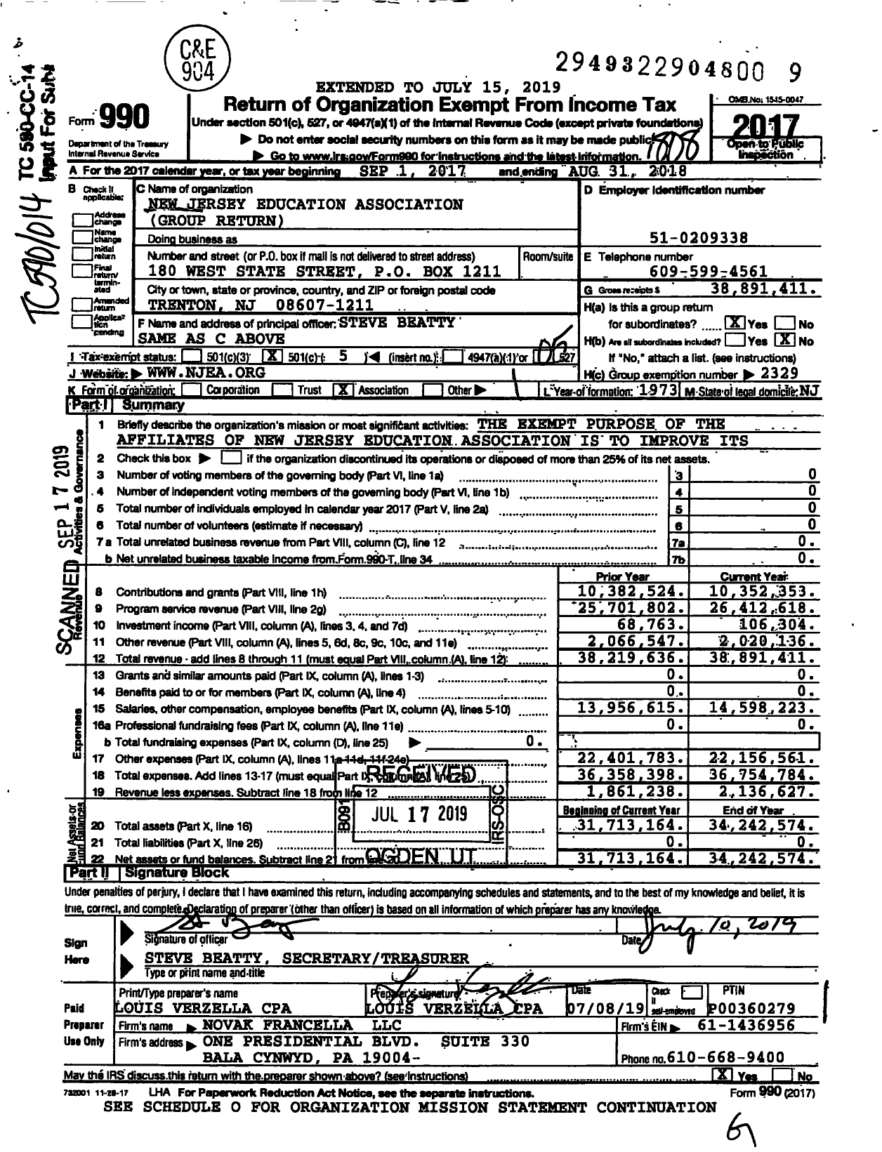 Image of first page of 2017 Form 990O for New Jersey Education Association - Group Return