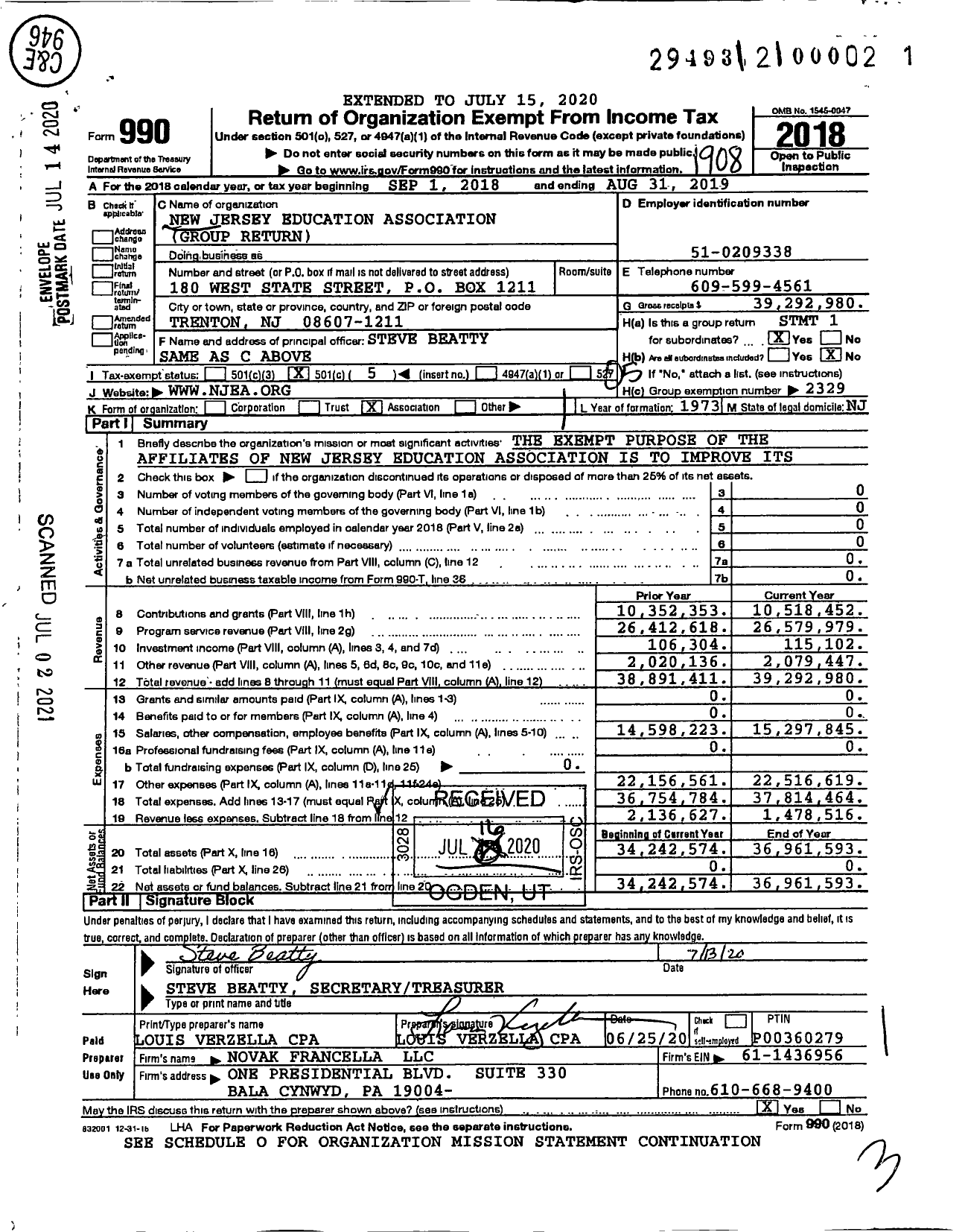 Image of first page of 2018 Form 990O for New Jersey Education Association - Group Return