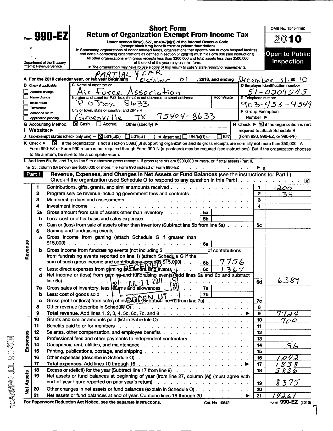 Image of first page of 2010 Form 990EZ for Air Force Association - 416 Af Northeast Texas Chapter